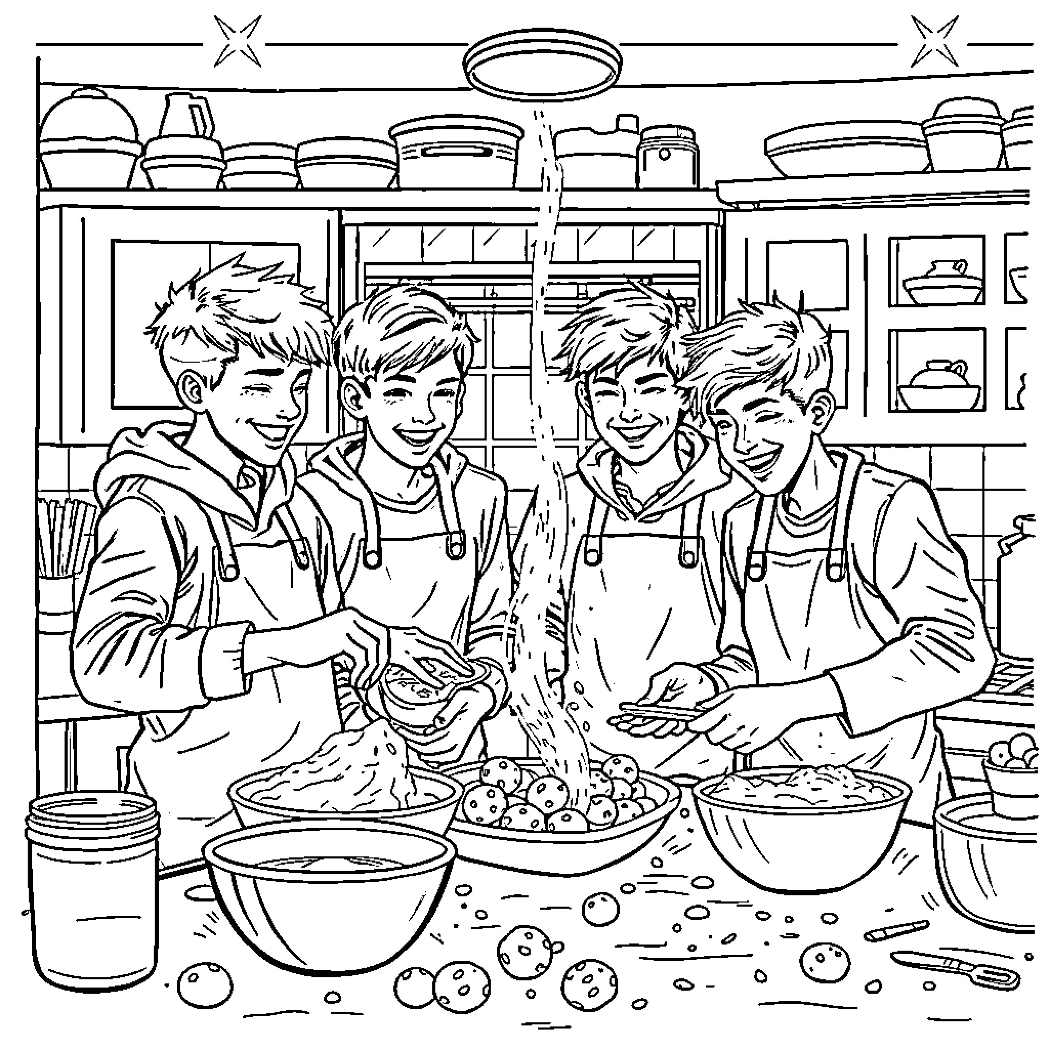 Boy friends cooking together in the kitchen Coloring Page (free black-and-white line drawing printable PDF for all, from beginners to advanced learners, including children, teens, adults, and seniors)