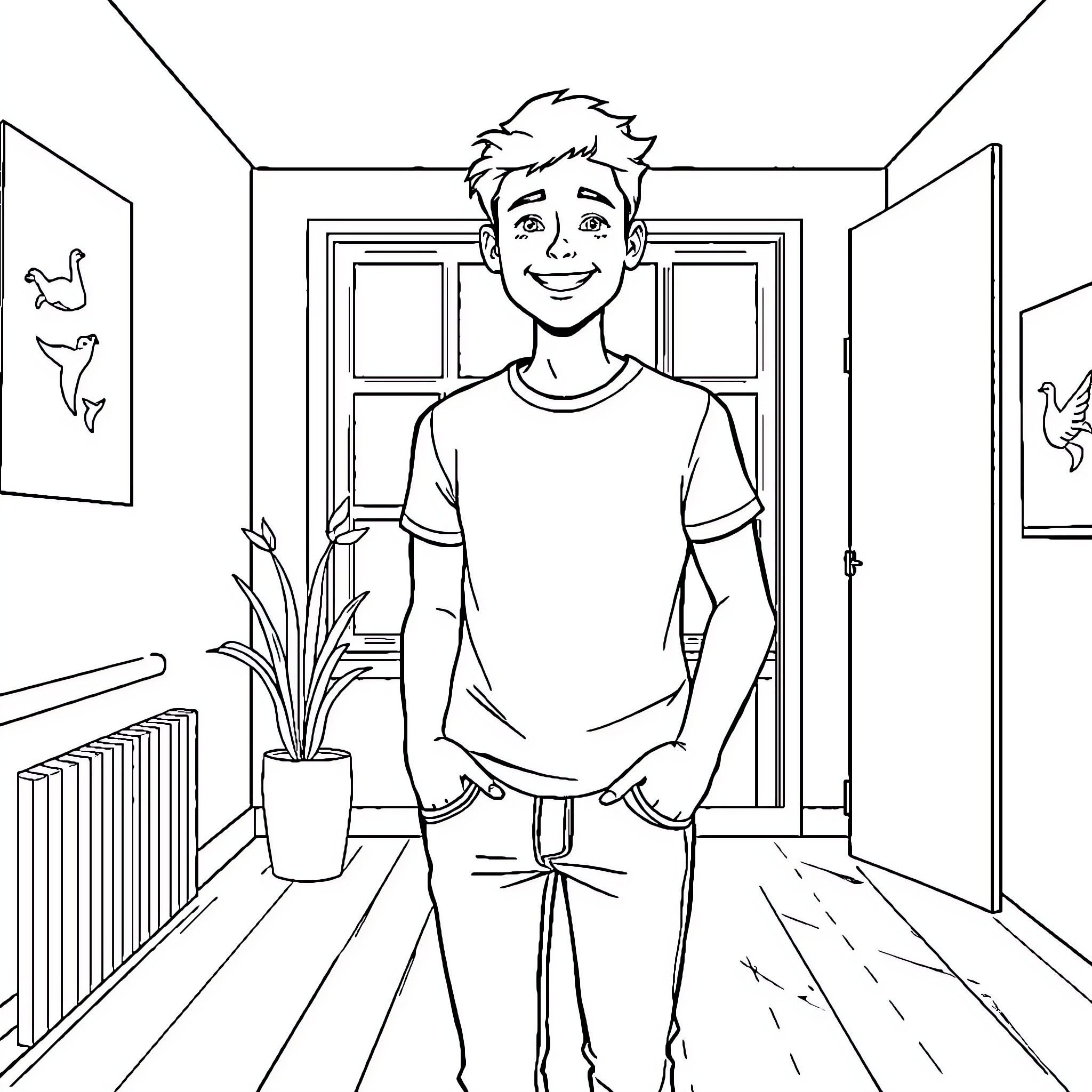 You in a Cozy Home Interior Coloring Page (free black-and-white line drawing printable PDF for all, from beginners to advanced learners, including children, teens, adults, and seniors)