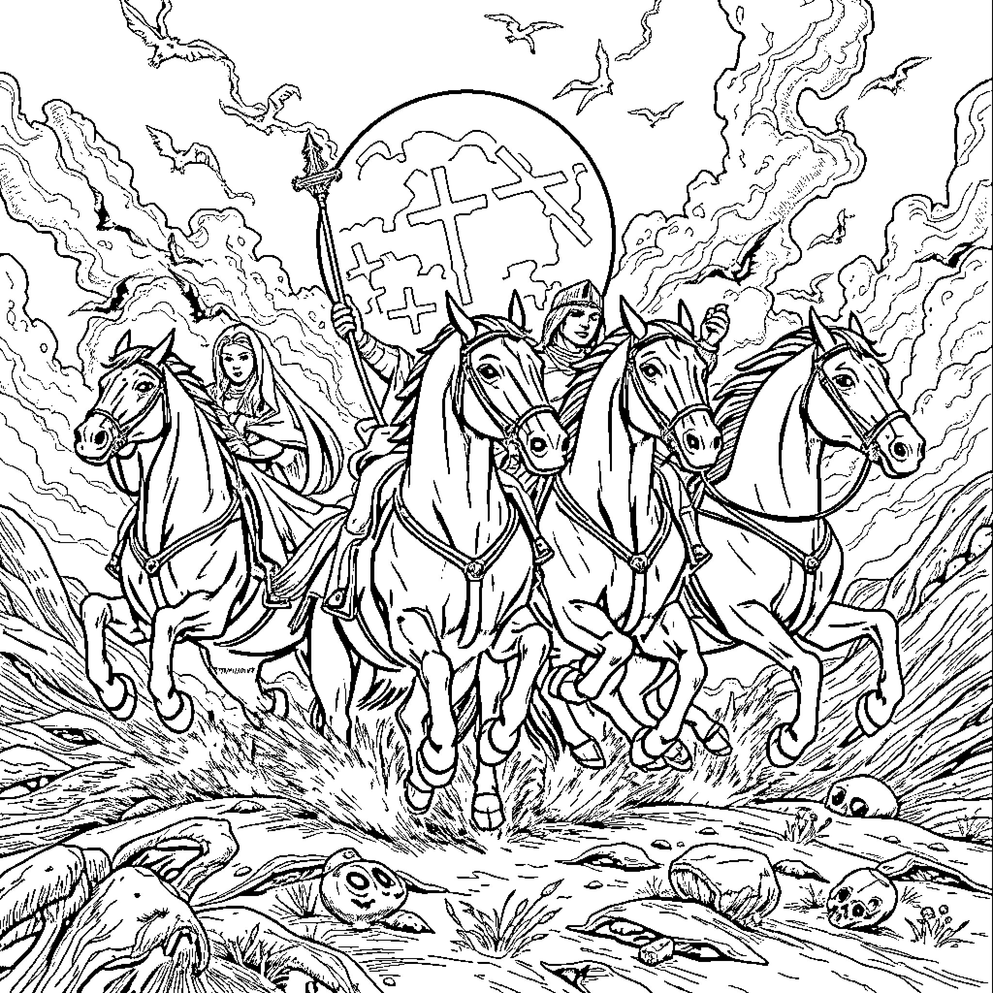 Horseman leading a group through a dramatic landscape Coloring Page (free black-and-white line drawing printable PDF for all, from beginners to advanced learners, including children, teens, adults, and seniors)