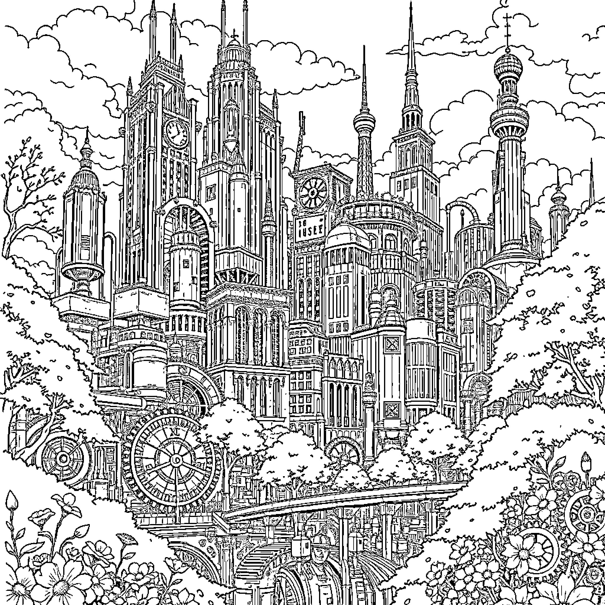 City of Architectural Wonders and Intricate Details Coloring Page (free black-and-white line drawing printable PDF for all, from beginners to advanced learners, including children, teens, adults, and seniors)