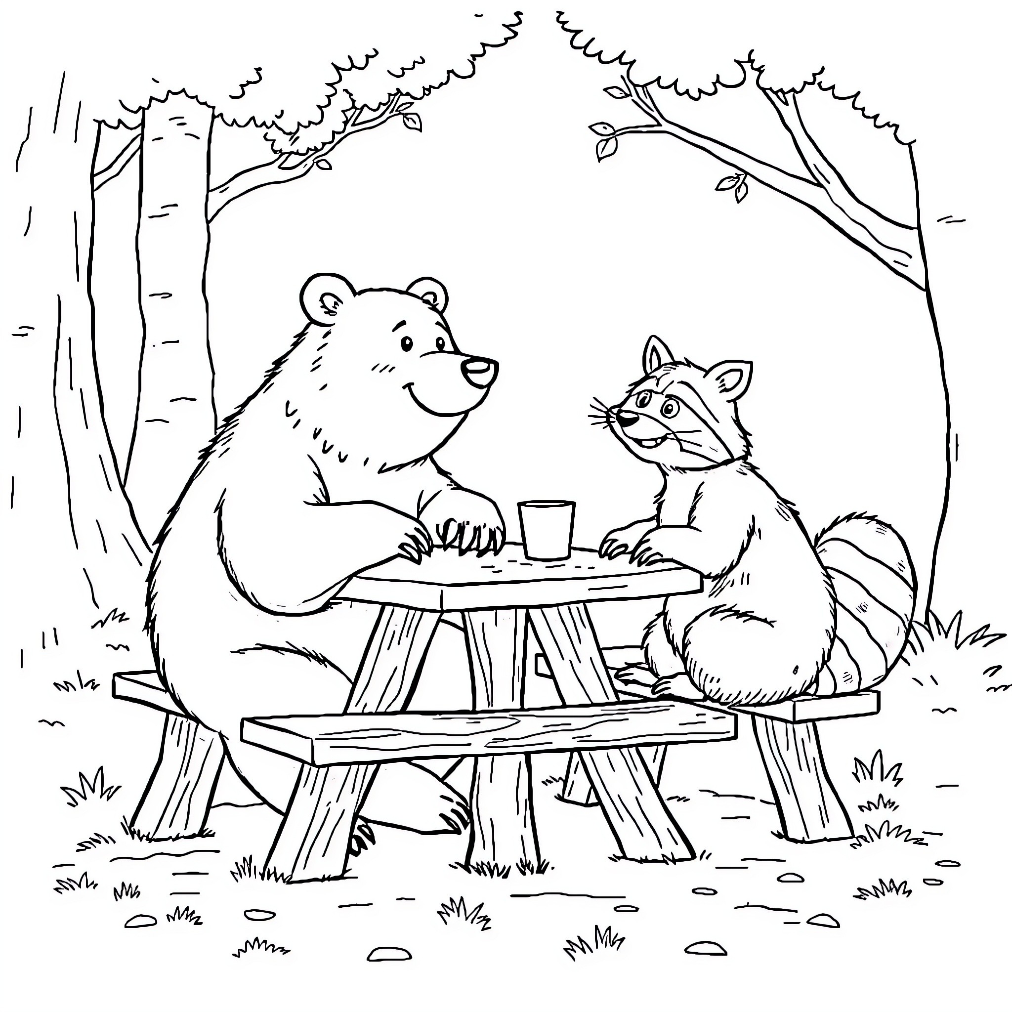 Bear and raccoon enjoying a picnic in the forest Coloring Page (free black-and-white line drawing printable PDF for all, from beginners to advanced learners, including children, teens, adults, and seniors)