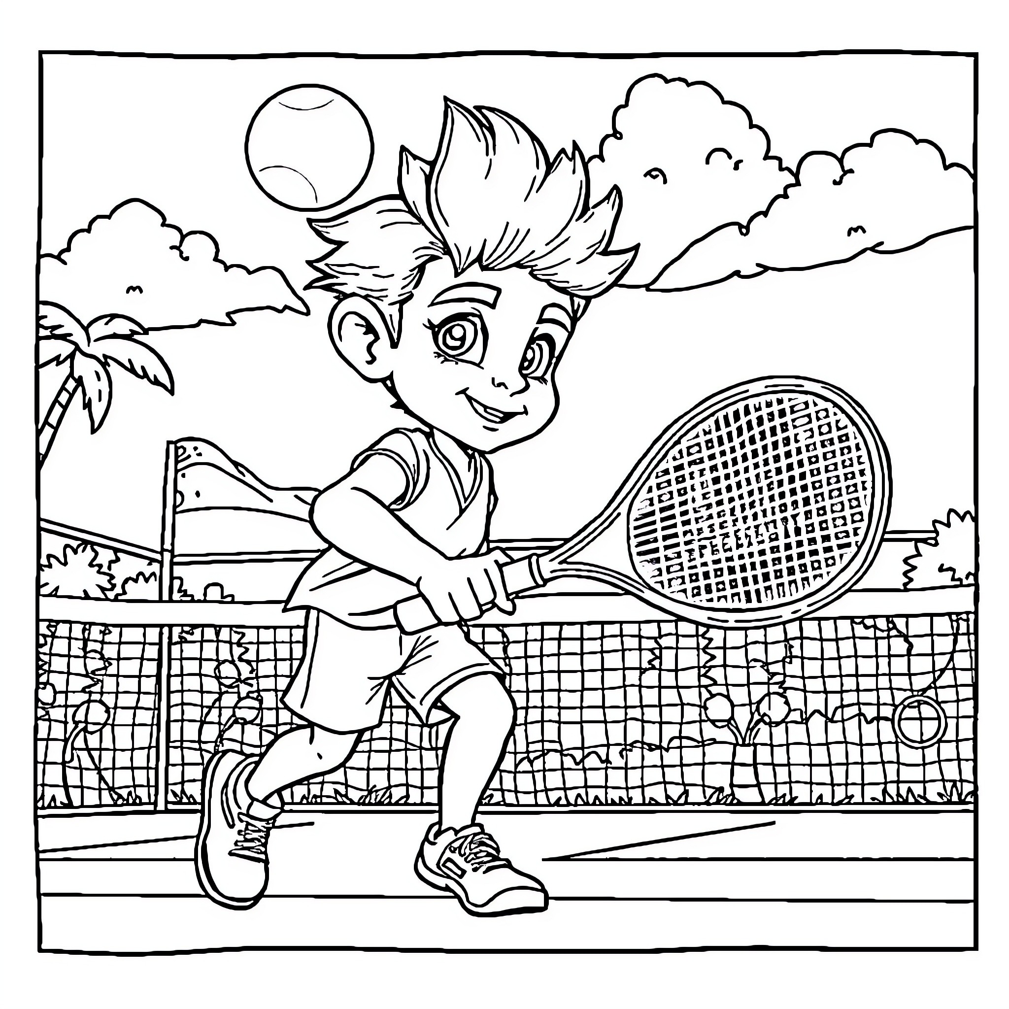 Avatar playing tennis happily on court Coloring Page (free black-and-white line drawing printable PDF for all, from beginners to advanced learners, including children, teens, adults, and seniors)