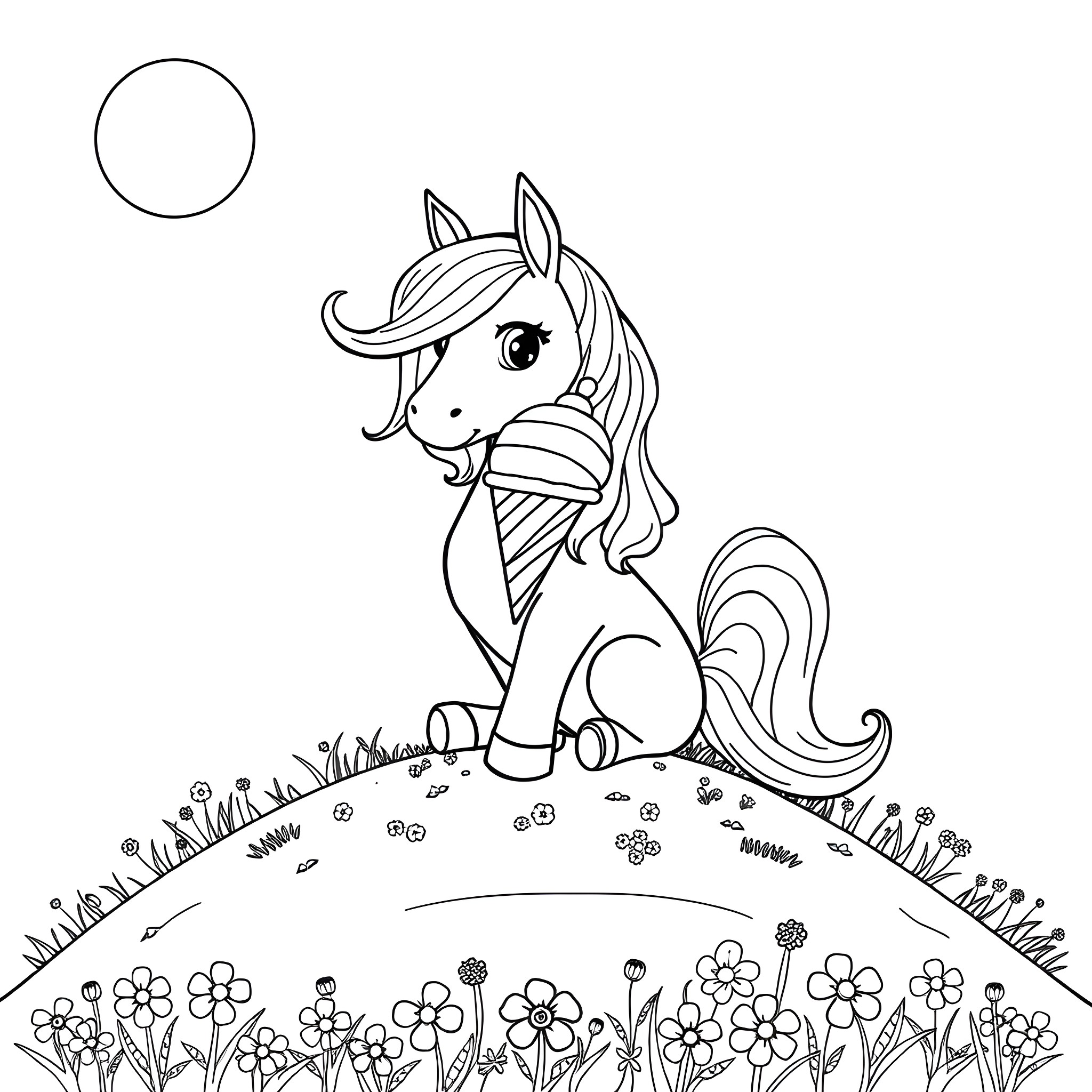 Unicorn grazing peacefully in a flower field Coloring Page (free black-and-white line drawing printable PDF for all, from beginners to advanced learners, including children, teens, adults, and seniors)