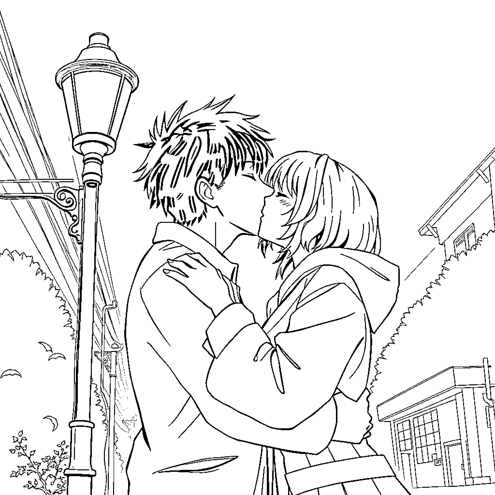 Yusaku Godai in romantic embrace with partner on city street Coloring Page (free black-and-white line drawing printable PDF for all, from beginners to advanced learners, including children, teens, adults, and seniors)