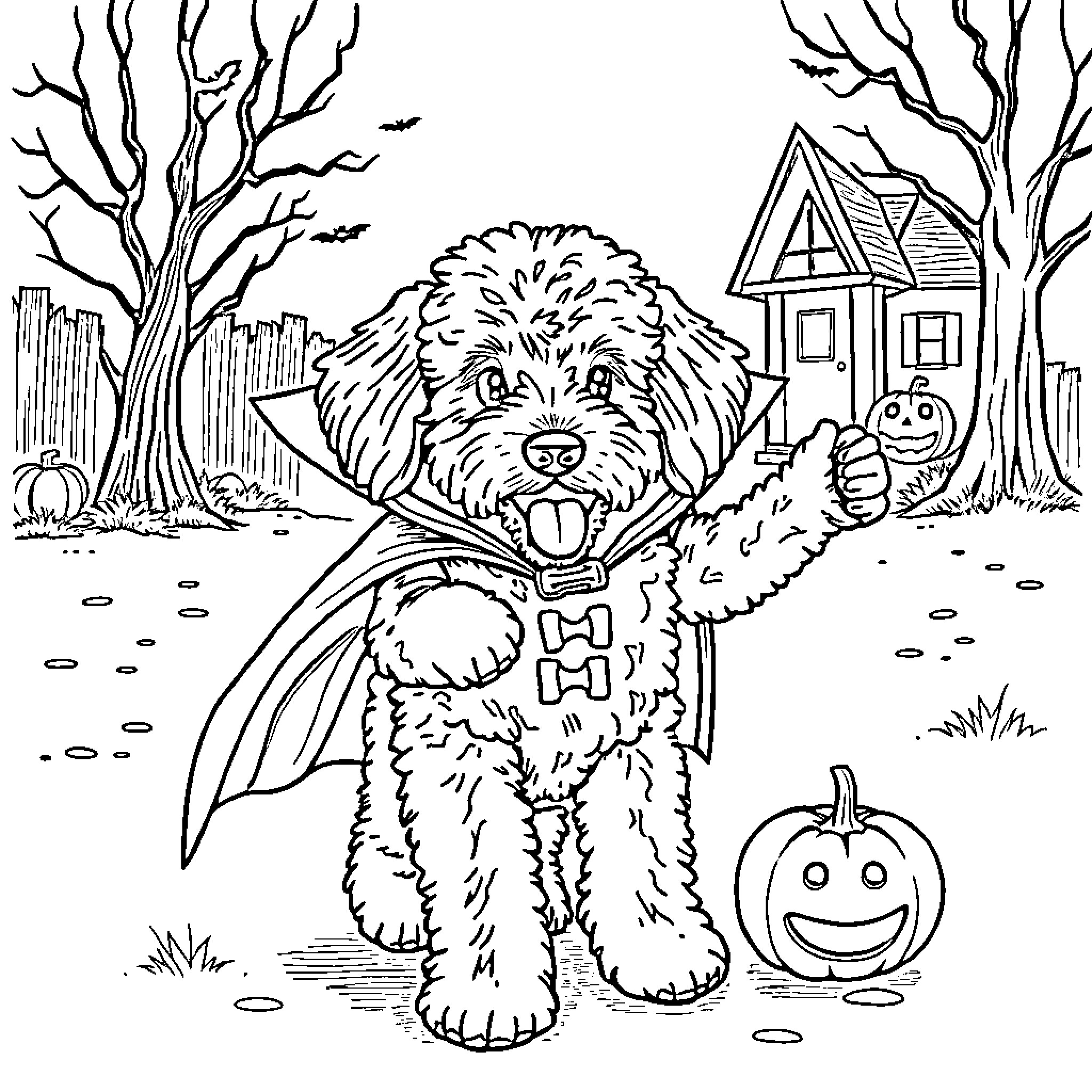 Labradoodle enjoying the autumn scenery Coloring Page (free black-and-white line drawing printable PDF for all, from beginners to advanced learners, including children, teens, adults, and seniors)