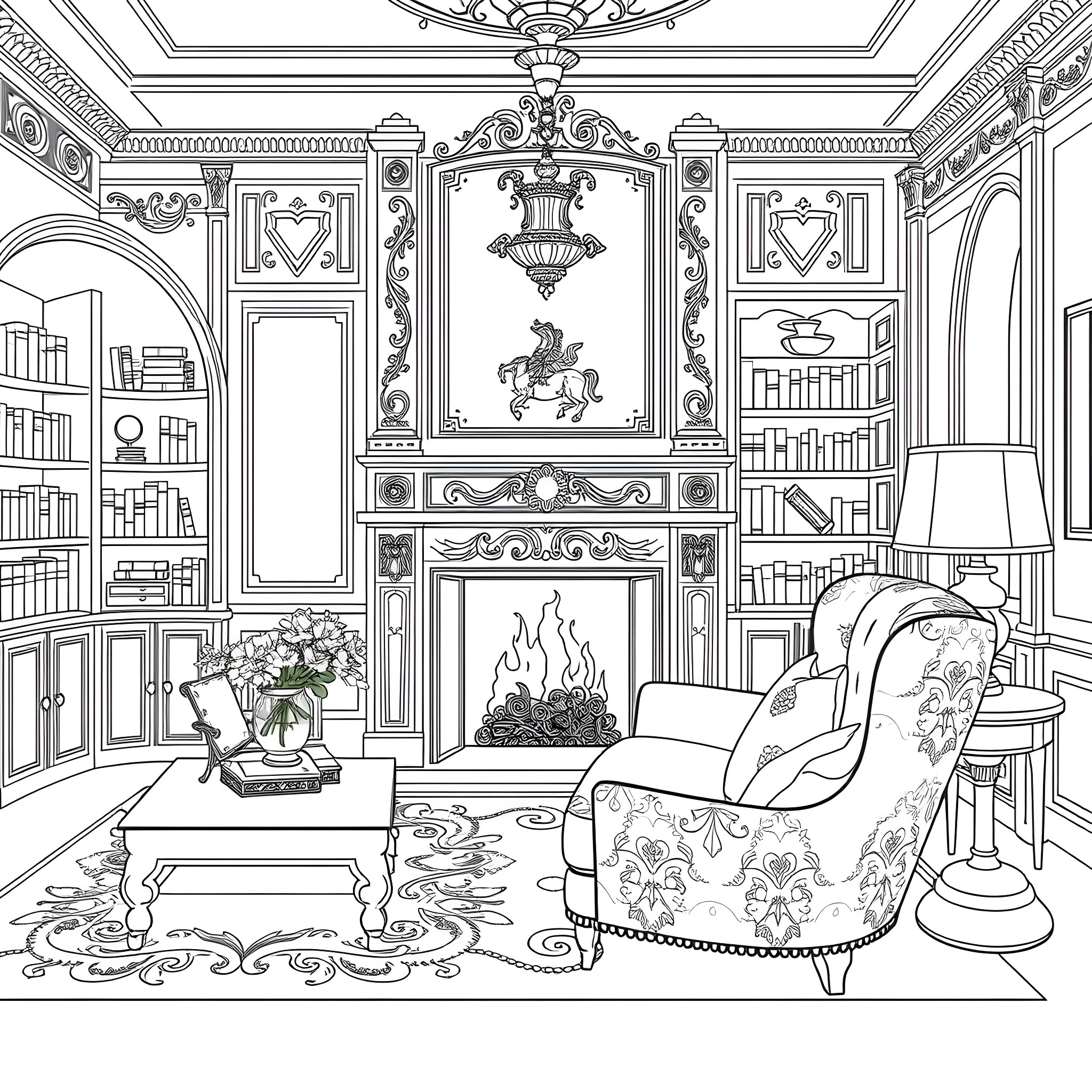 Living Room with Elegant Decor and Fireplace Coloring Page (free black-and-white line drawing printable PDF for all, from beginners to advanced learners, including children, teens, adults, and seniors)