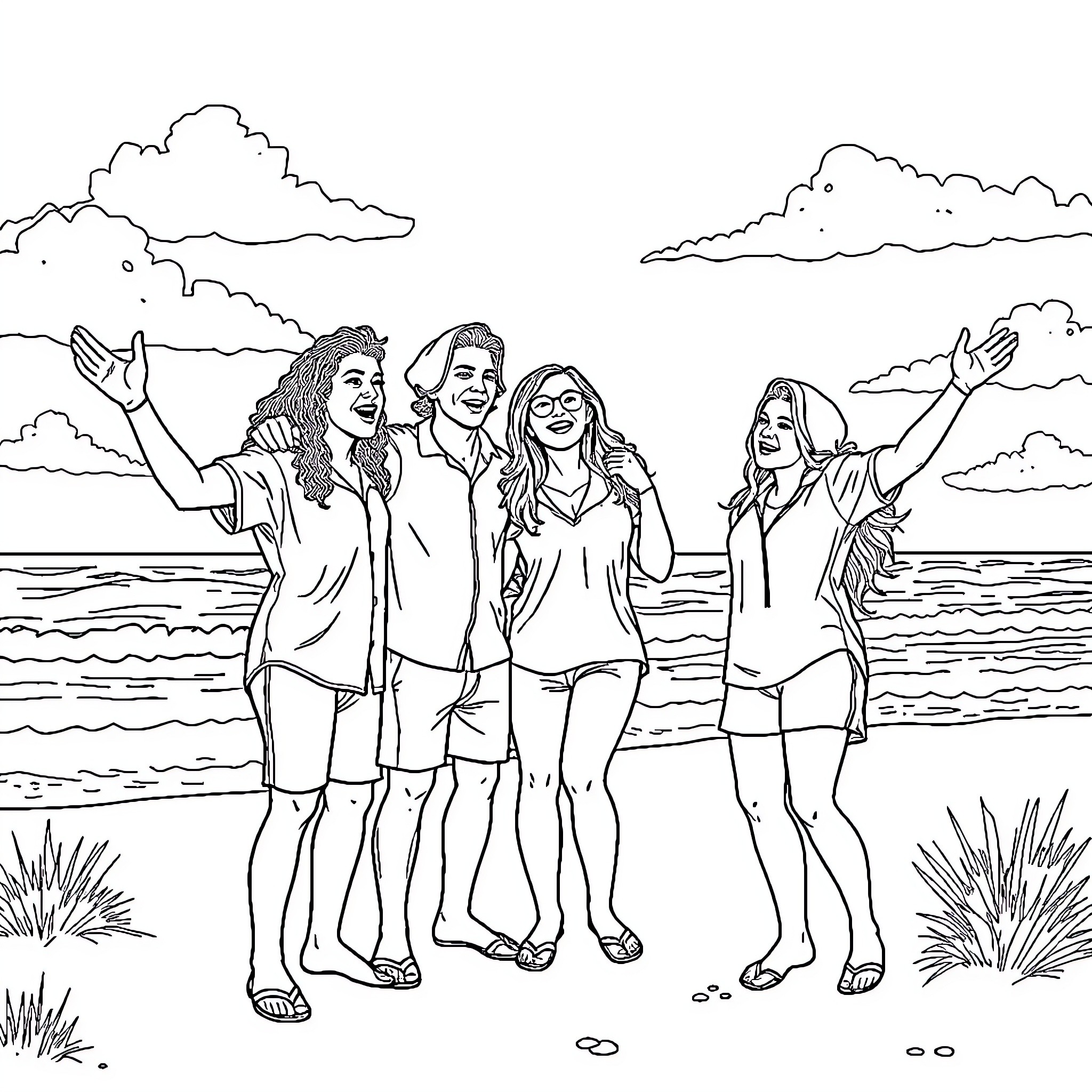 Chanticleers celebrating by the beach Coloring Page (free black-and-white line drawing printable PDF for all, from beginners to advanced learners, including children, teens, adults, and seniors)
