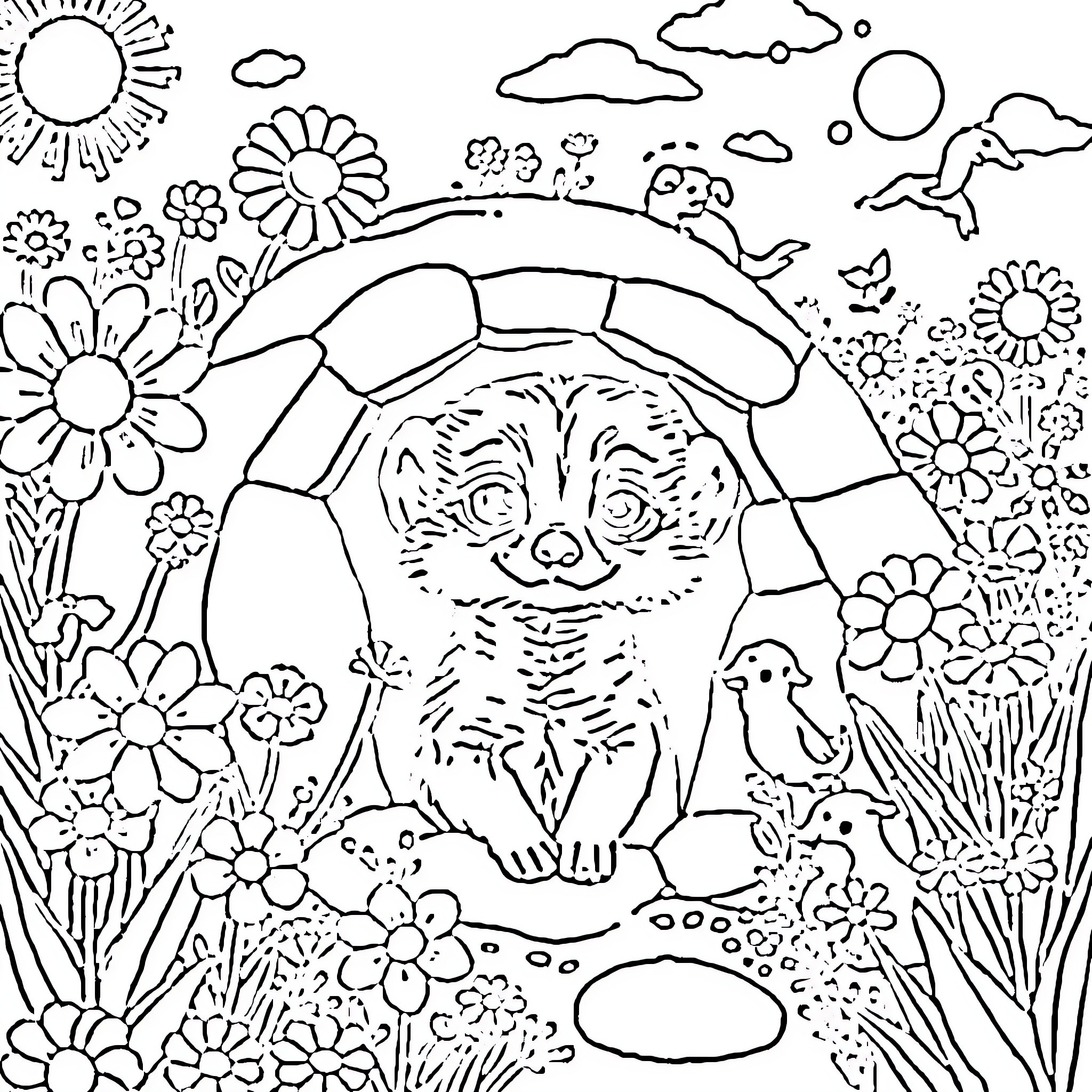 Meerkat enjoying a sunny day in a floral garden Coloring Page (free black-and-white line drawing printable PDF for all, from beginners to advanced learners, including children, teens, adults, and seniors)