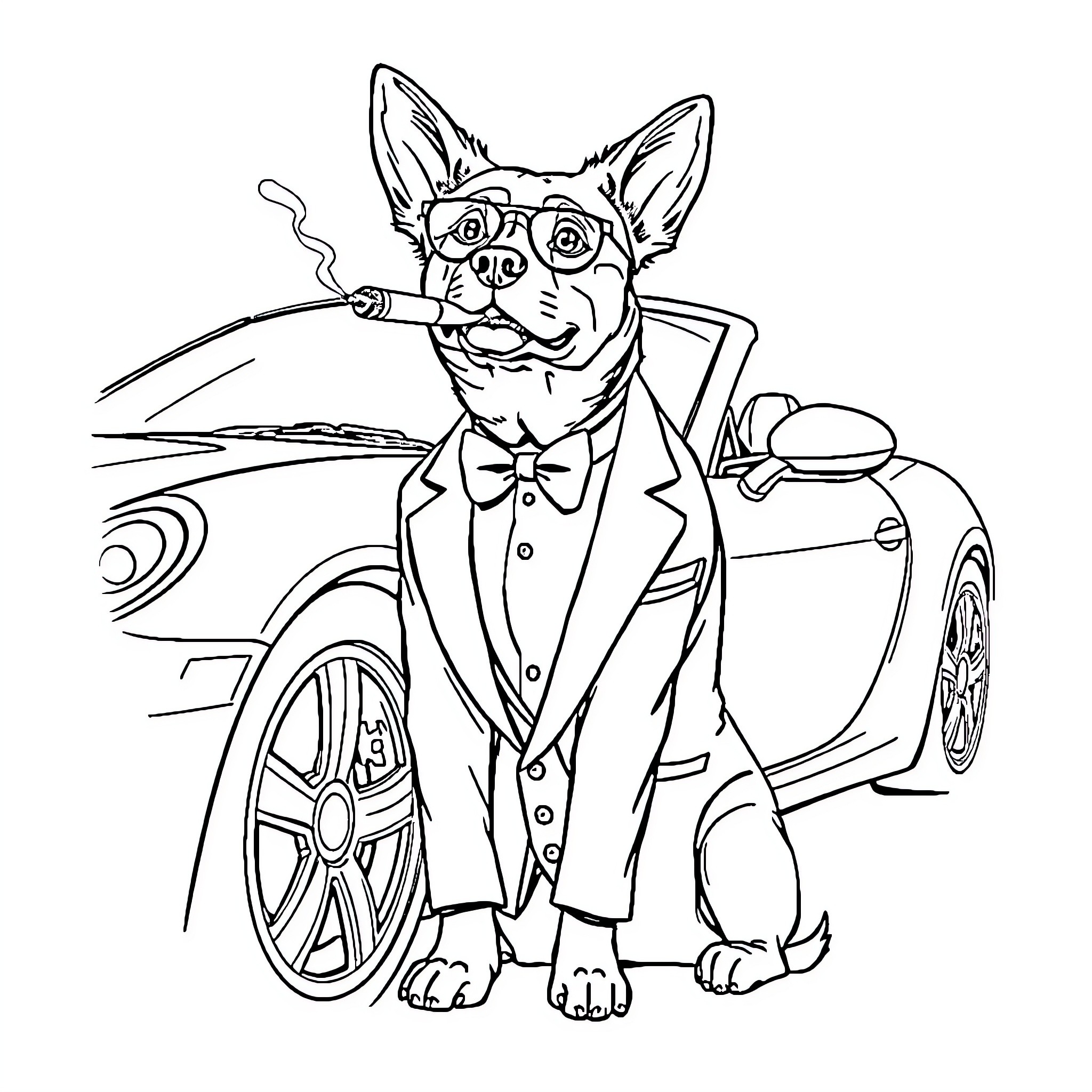 Dog dressed in smart outfit by luxury car Coloring Page (free black-and-white line drawing printable PDF for all, from beginners to advanced learners, including children, teens, adults, and seniors)