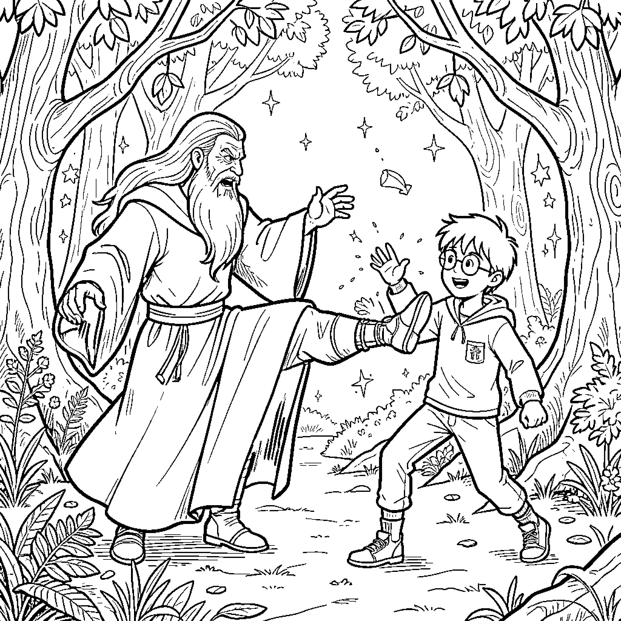 Gandalf guiding a young adventurer through the enchanted forest Coloring Page (free black-and-white line drawing printable PDF for all, from beginners to advanced learners, including children, teens, adults, and seniors)