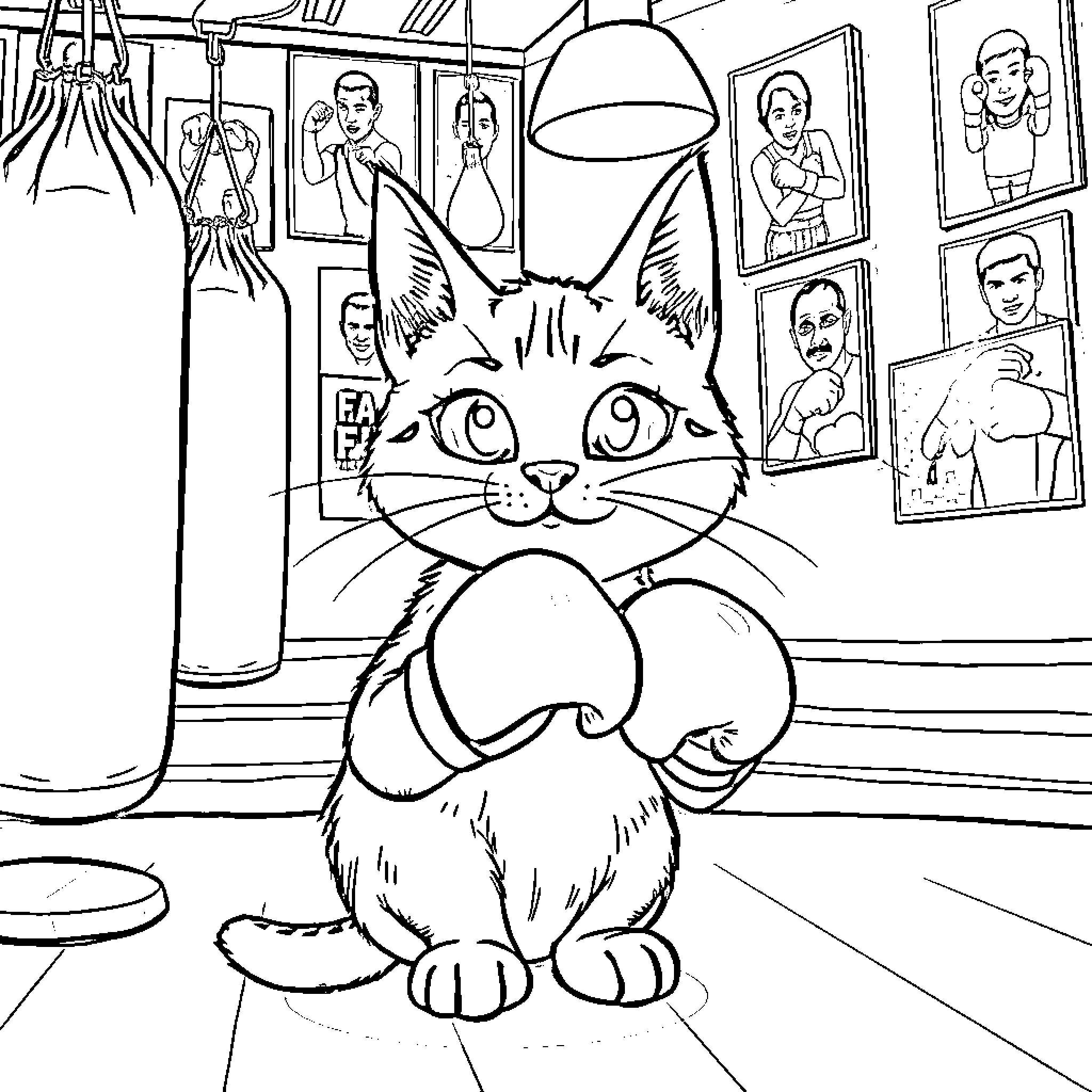 Cat in a Studio with Portraits Coloring Page (free black-and-white line drawing printable PDF for all, from beginners to advanced learners, including children, teens, adults, and seniors)