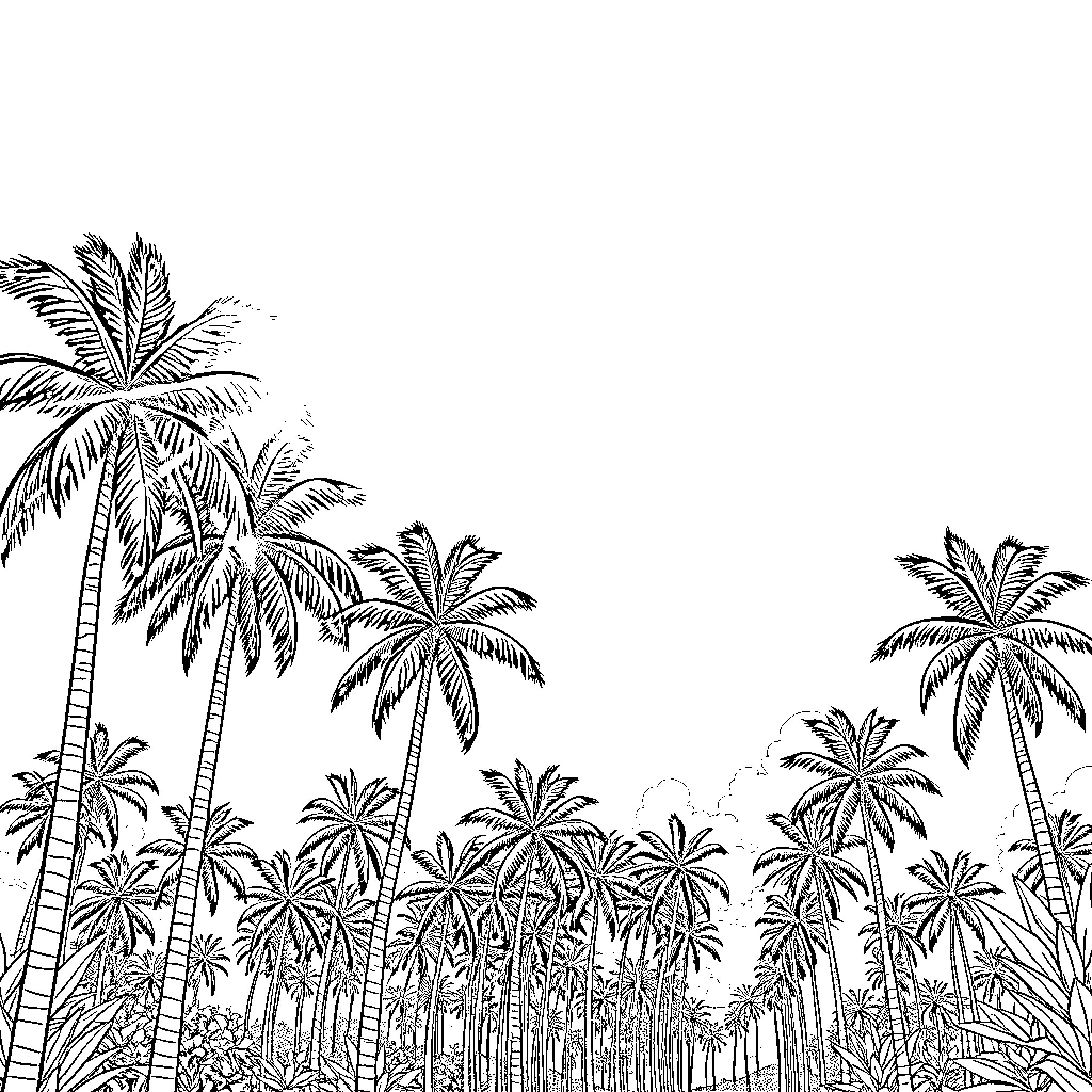 Sunshine Silhouettes of Swaying Palm Trees Coloring Page (free black-and-white line drawing printable PDF for all, from beginners to advanced learners, including children, teens, adults, and seniors)