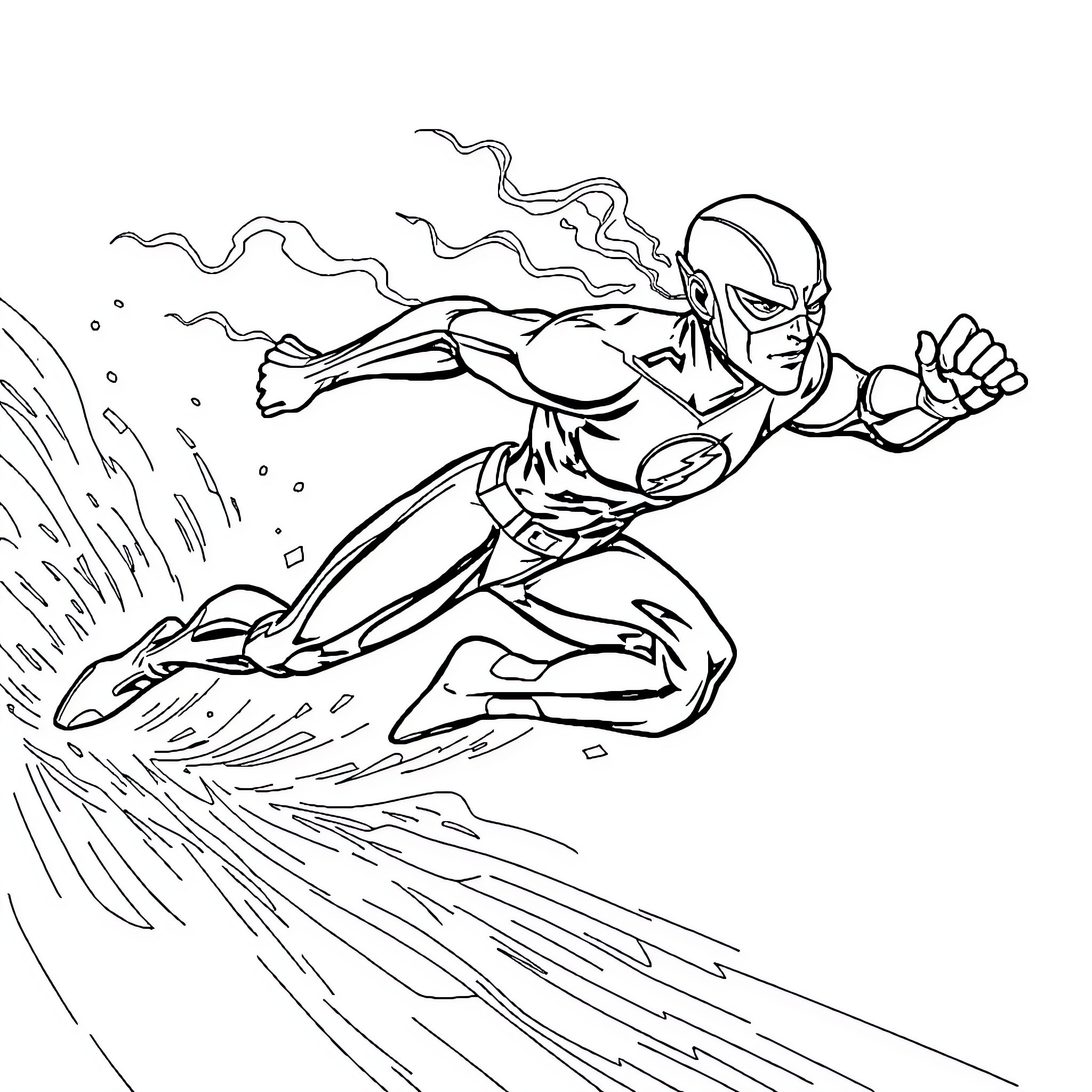 Flash Superhero in Action-Packed Pose Coloring Page (free black-and-white line drawing printable PDF for all, from beginners to advanced learners, including children, teens, adults, and seniors)