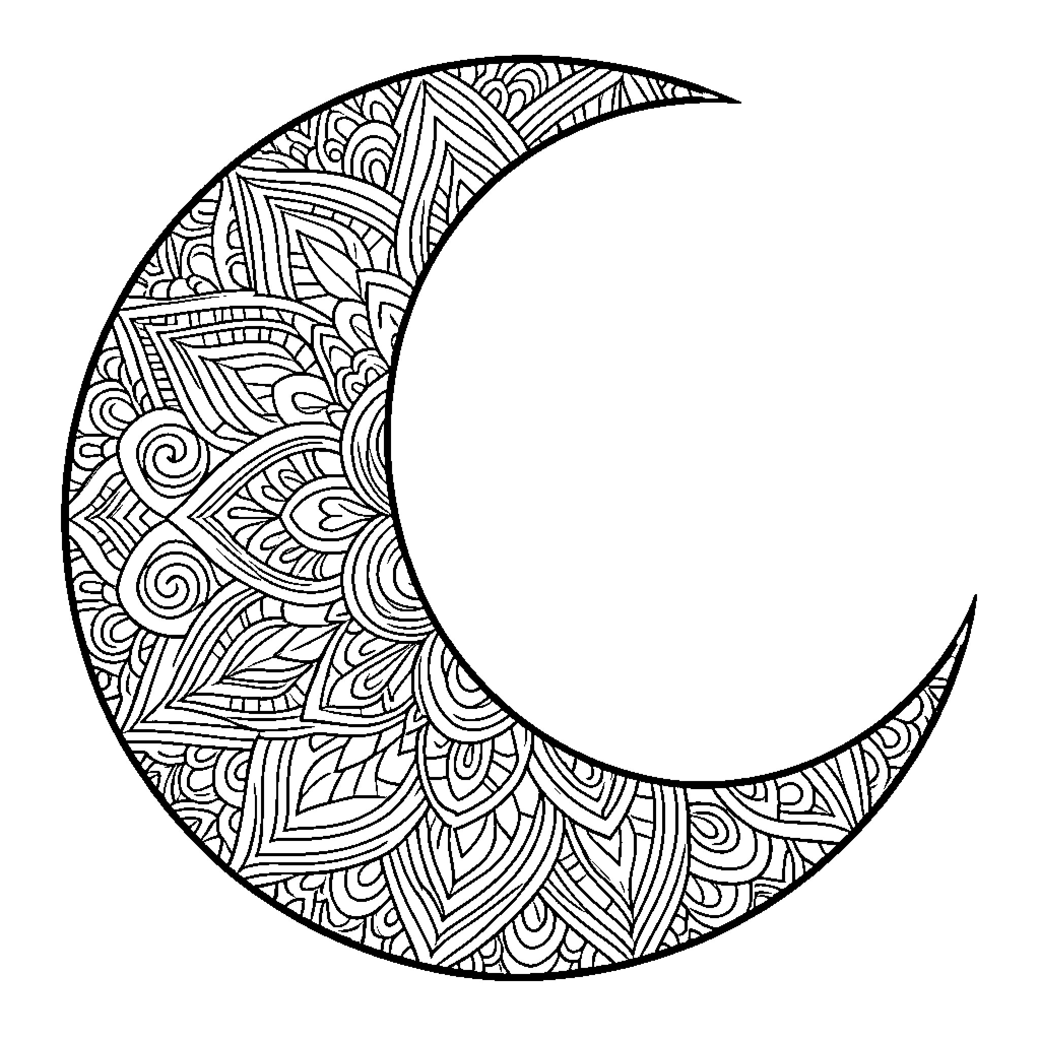 Moon adorned with intricate patterns Coloring Page (free black-and-white line drawing printable PDF for all, from beginners to advanced learners, including children, teens, adults, and seniors)