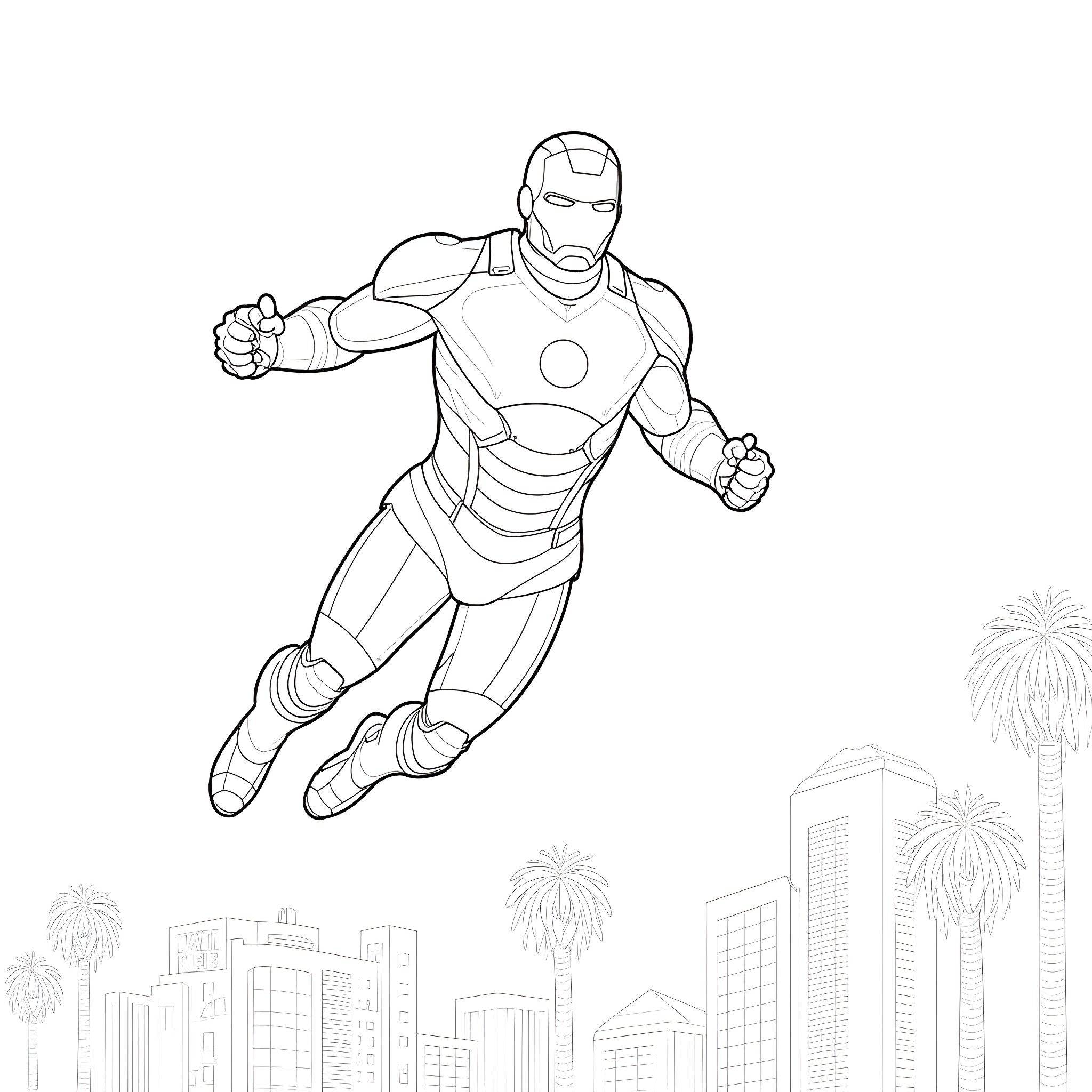 Ironman soaring over the city skyline Coloring Page (free black-and-white line drawing printable PDF for all, from beginners to advanced learners, including children, teens, adults, and seniors)