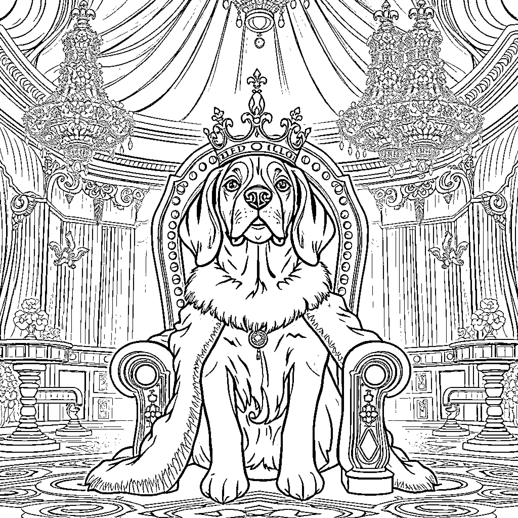 Beagle in an ornate palace setting Coloring Page (free black-and-white line drawing printable PDF for all, from beginners to advanced learners, including children, teens, adults, and seniors)