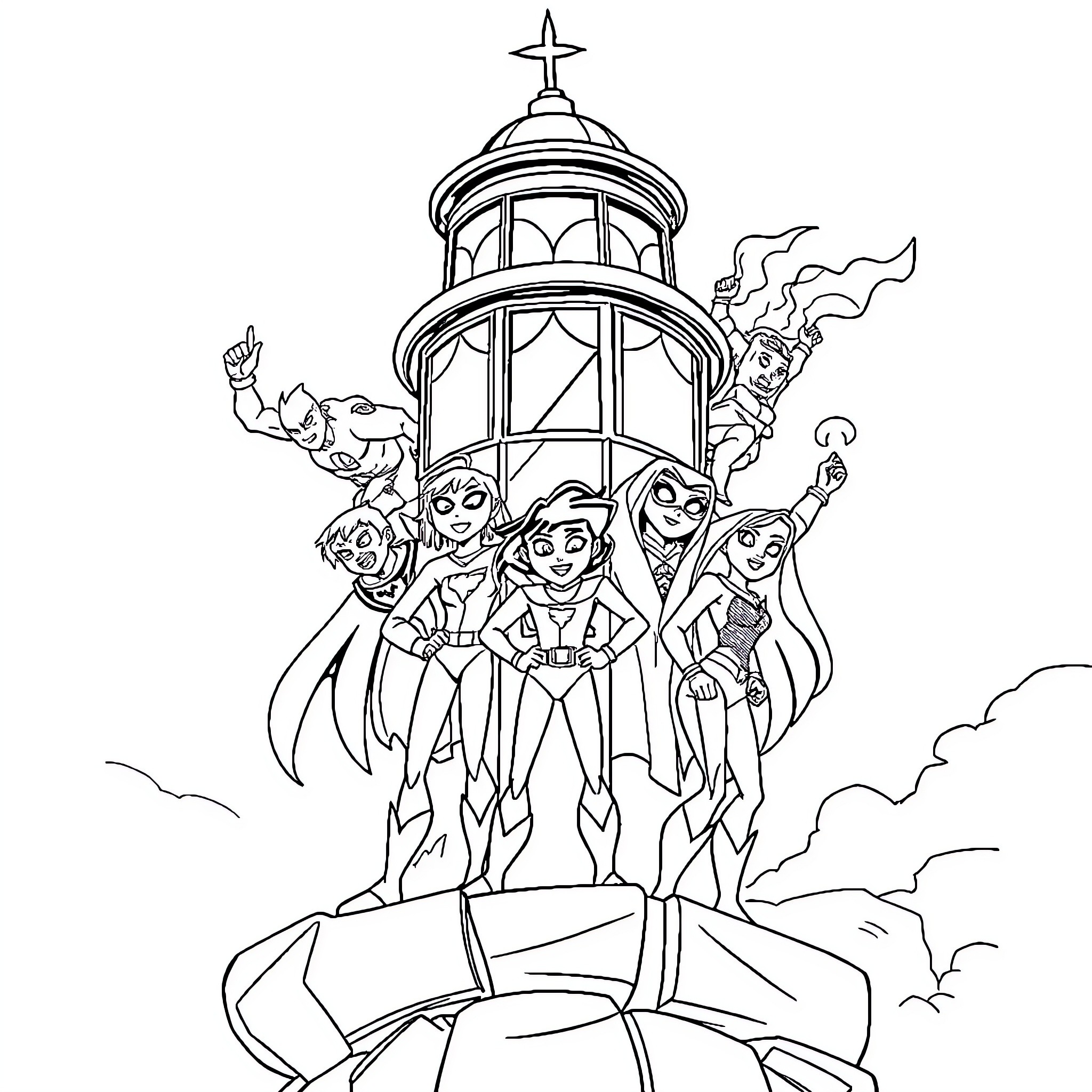 Teen Titans Heroic Gathering in Iconic Tower Coloring Page (free black-and-white line drawing printable PDF for all, from beginners to advanced learners, including children, teens, adults, and seniors)