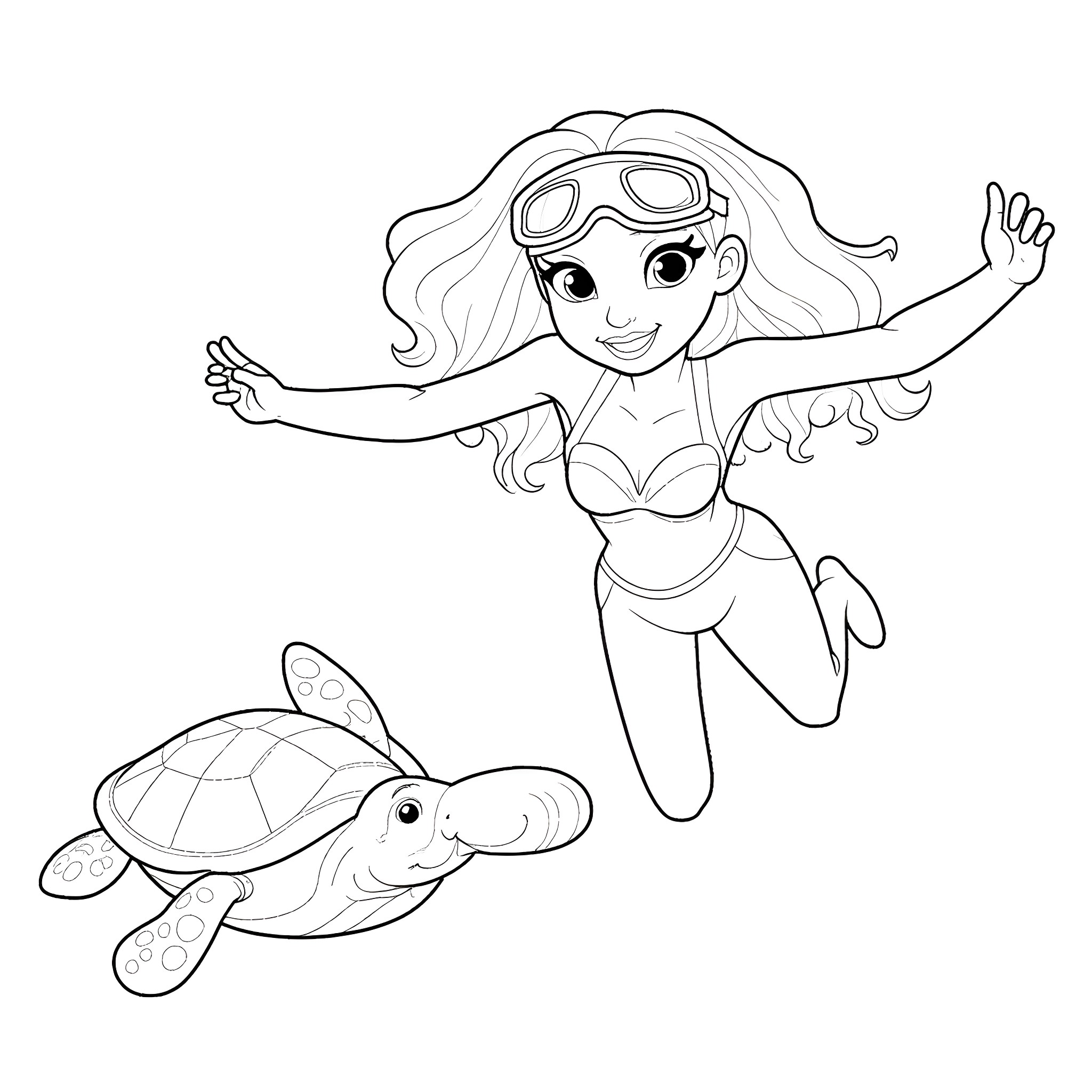 Merida swimming joyfully with a turtle in the ocean Coloring Page (free black-and-white line drawing printable PDF for all, from beginners to advanced learners, including children, teens, adults, and seniors)
