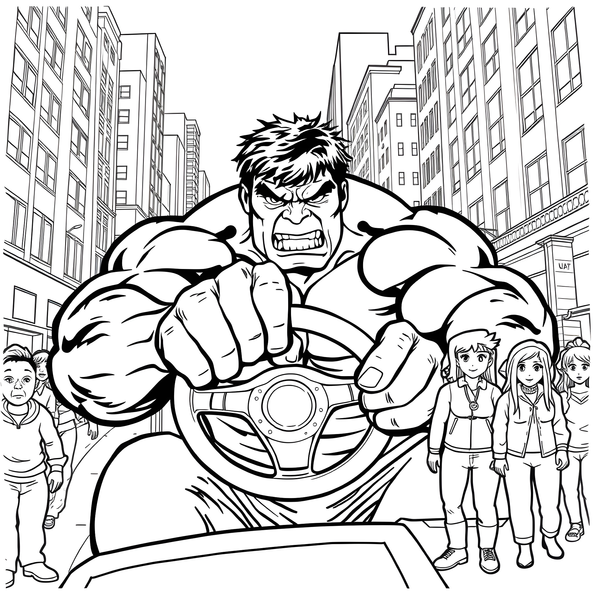 Hulk Rampaging Through the City Coloring Page (free black-and-white line drawing printable PDF for all, from beginners to advanced learners, including children, teens, adults, and seniors)