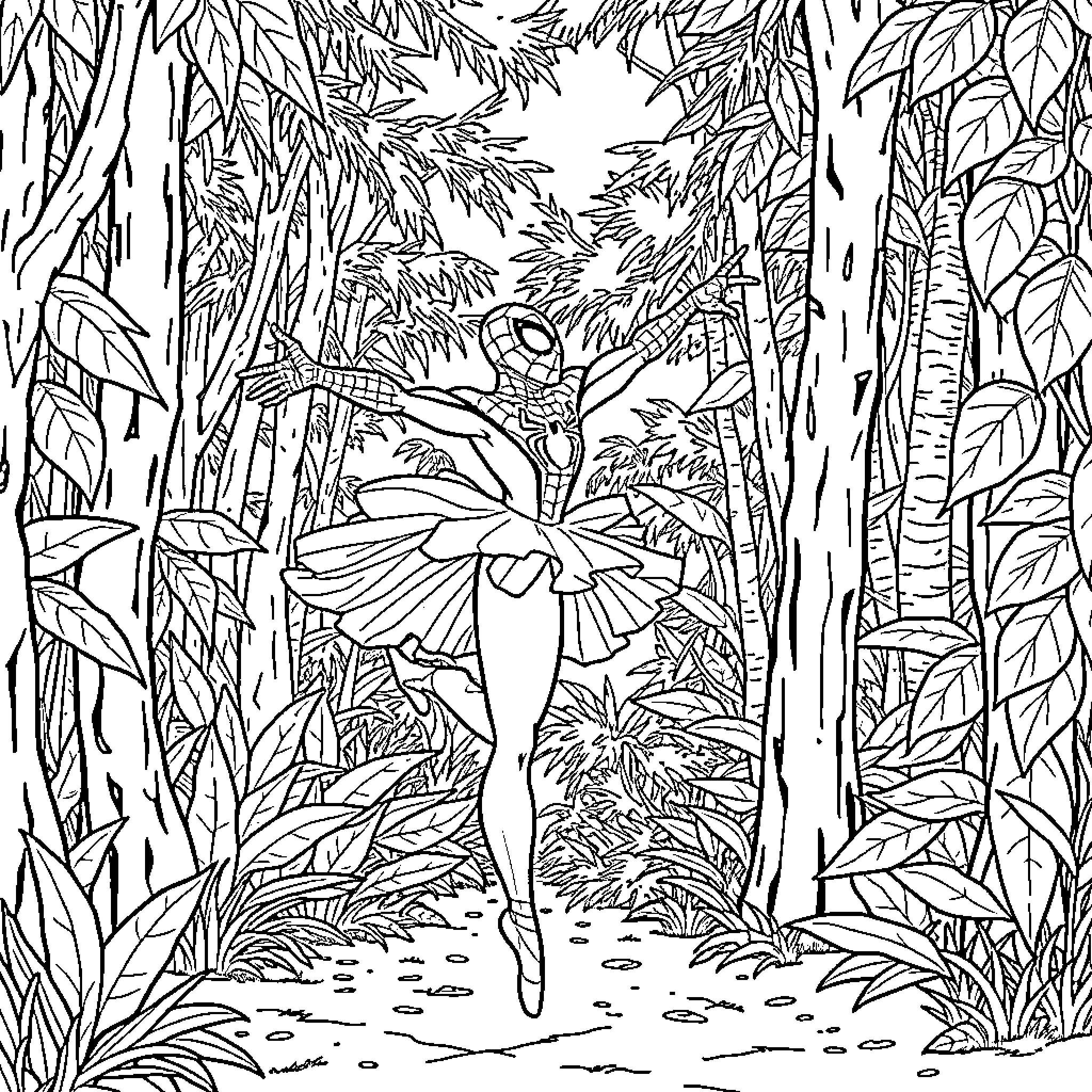 Spiderman swinging through the magical forest Coloring Page (free black-and-white line drawing printable PDF for all, from beginners to advanced learners, including children, teens, adults, and seniors)