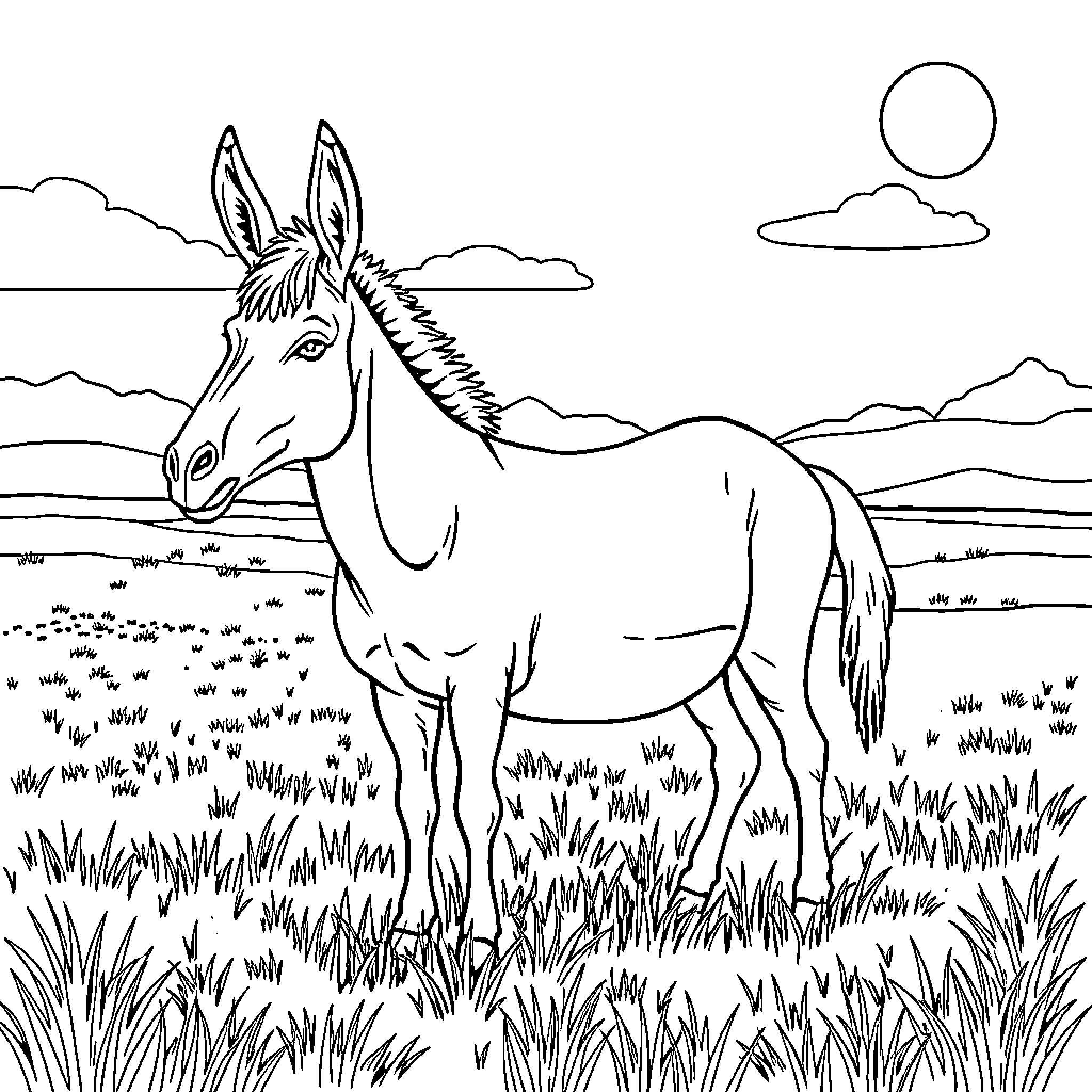 Donkey standing in a grassy field Coloring Page (free black-and-white line drawing printable PDF for all, from beginners to advanced learners, including children, teens, adults, and seniors)