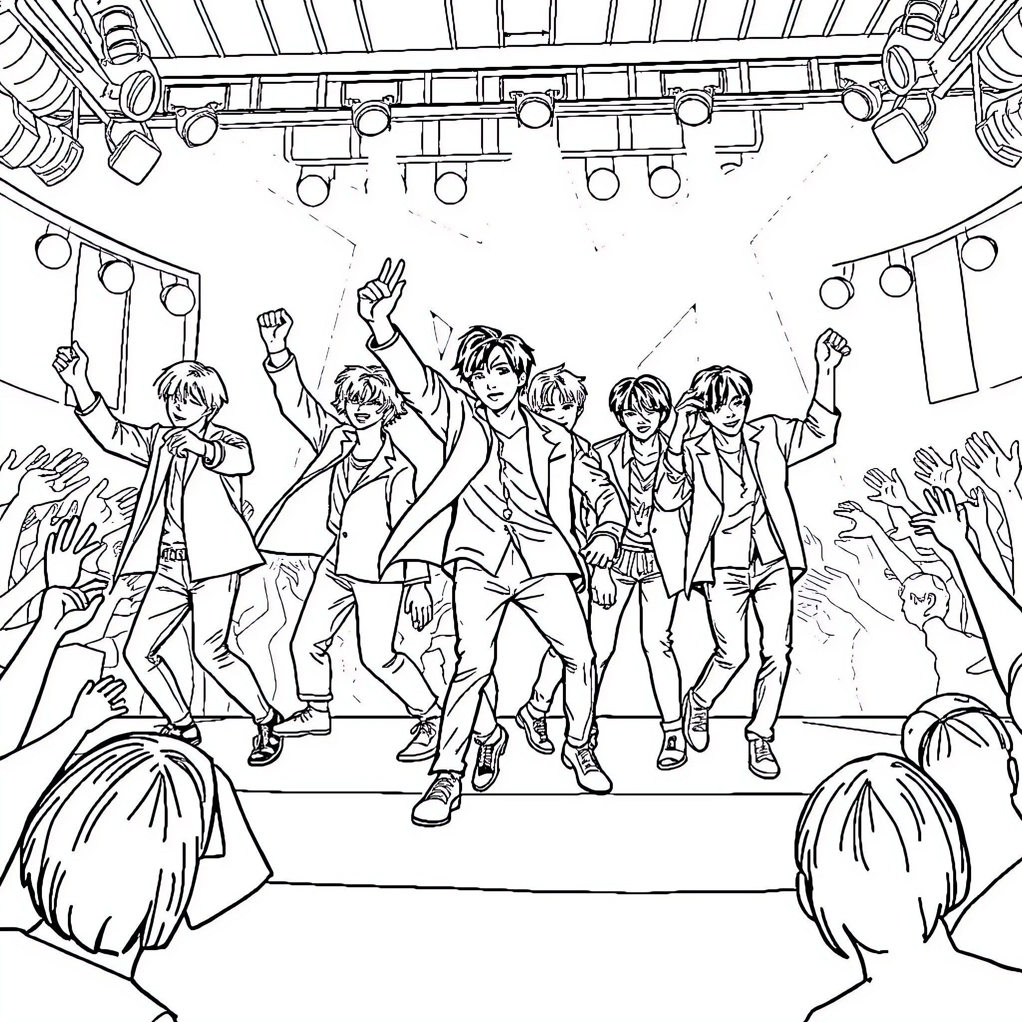 BTS Performing Energetically on Stage Coloring Page (free black-and-white line drawing printable PDF for all, from beginners to advanced learners, including children, teens, adults, and seniors)