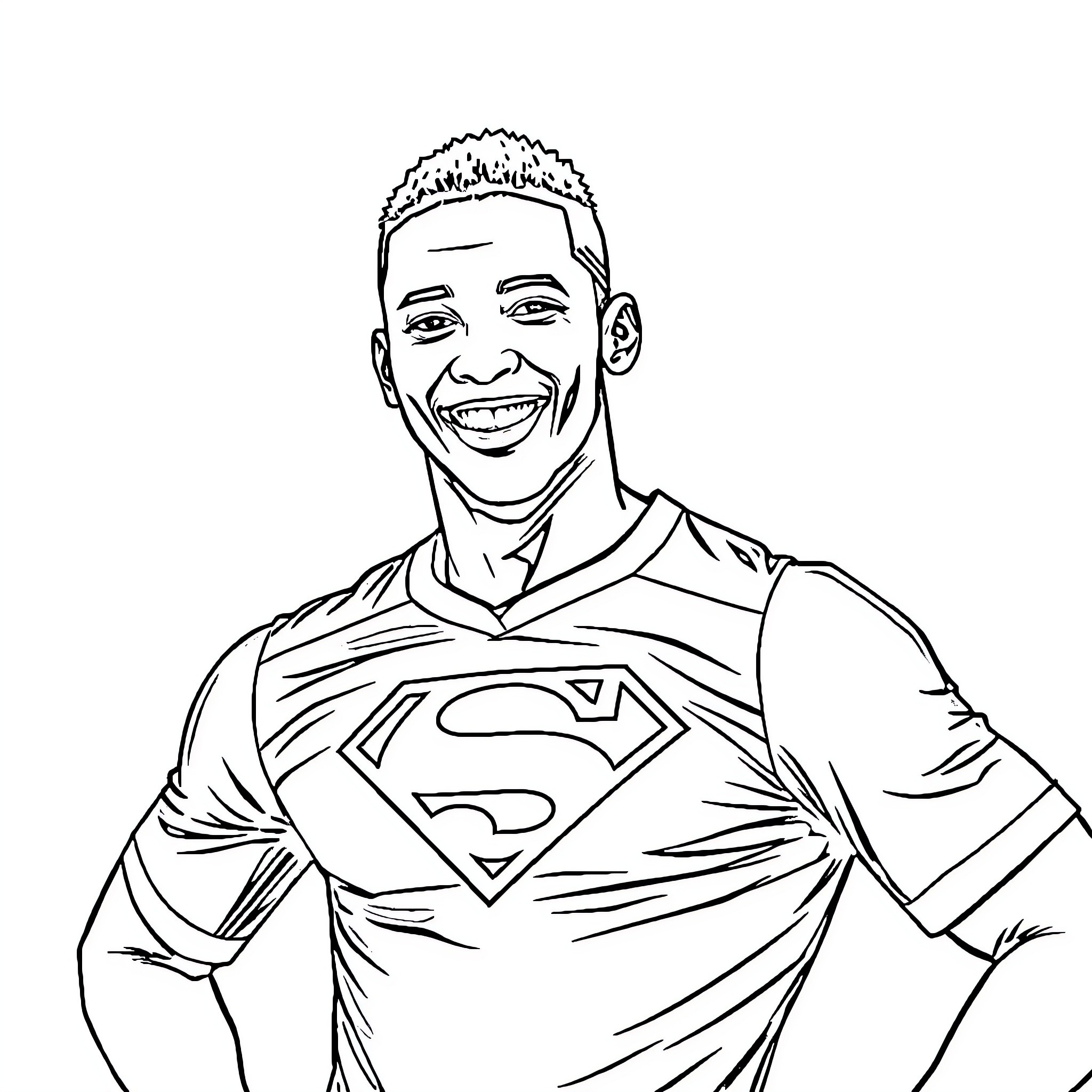 Kylian Mbappe Smiling in Superhero Costume Coloring Page (free black-and-white line drawing printable PDF for all, from beginners to advanced learners, including children, teens, adults, and seniors)