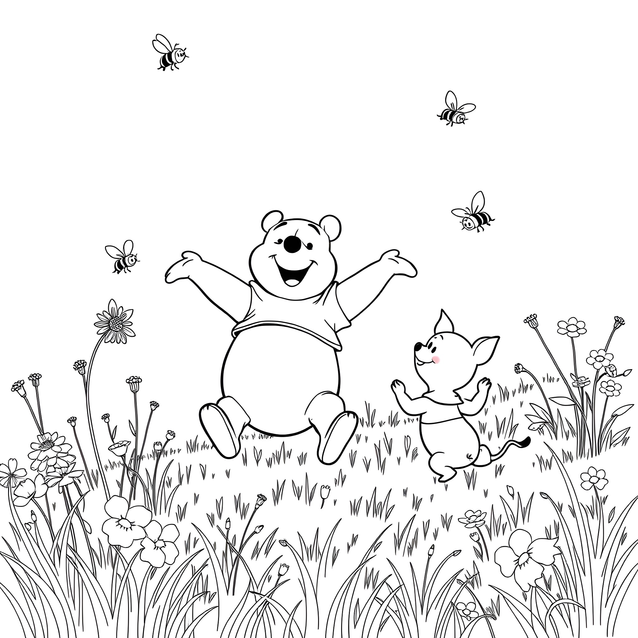 Winnie The Pooh Joyfully Jumping with Piglet in a Flower-Filled Meadow Coloring Page (free black-and-white line drawing printable PDF for all, from beginners to advanced learners, including children, teens, adults, and seniors)