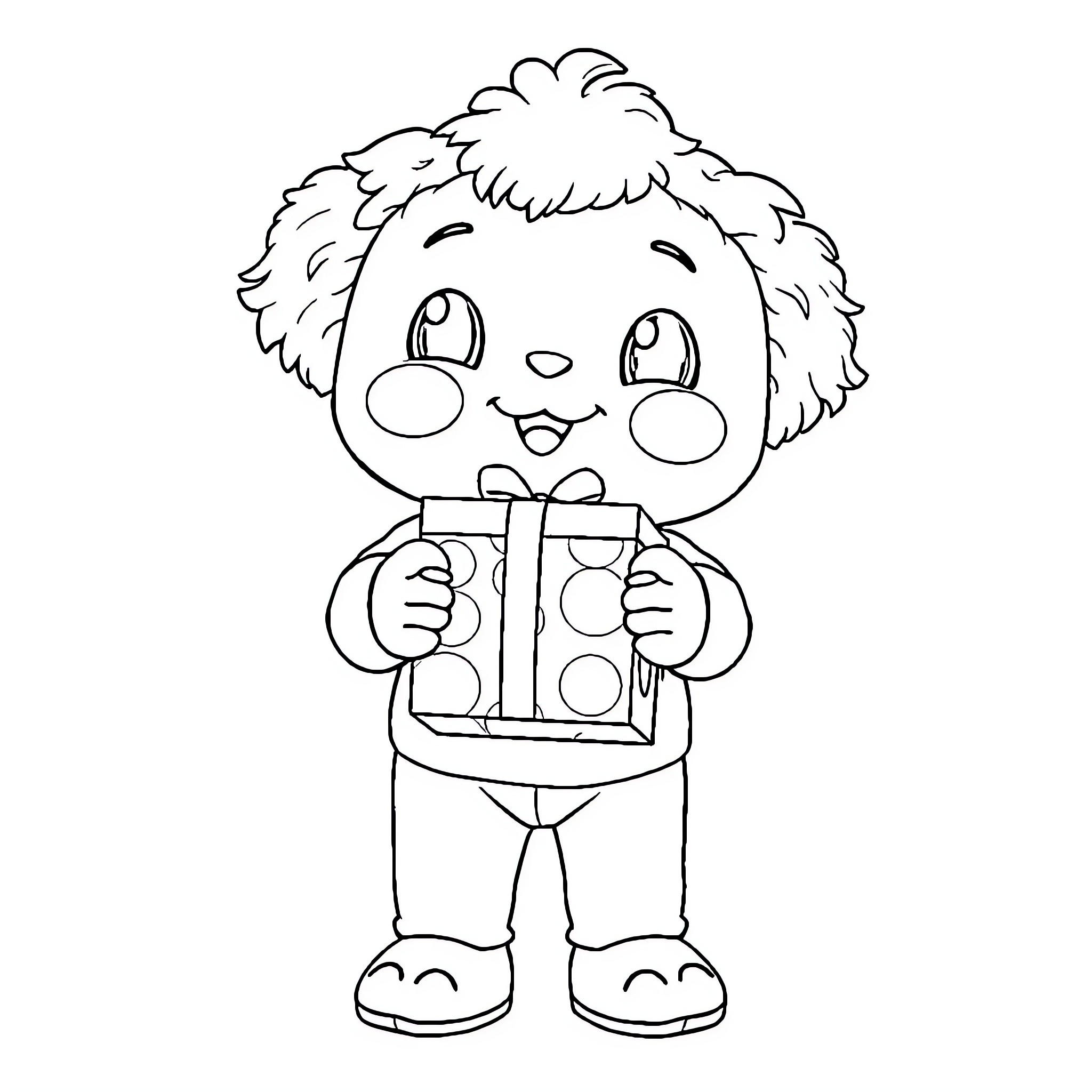 Labubu holding a gift happily Coloring Page (free black-and-white line drawing printable PDF for all, from beginners to advanced learners, including children, teens, adults, and seniors)
