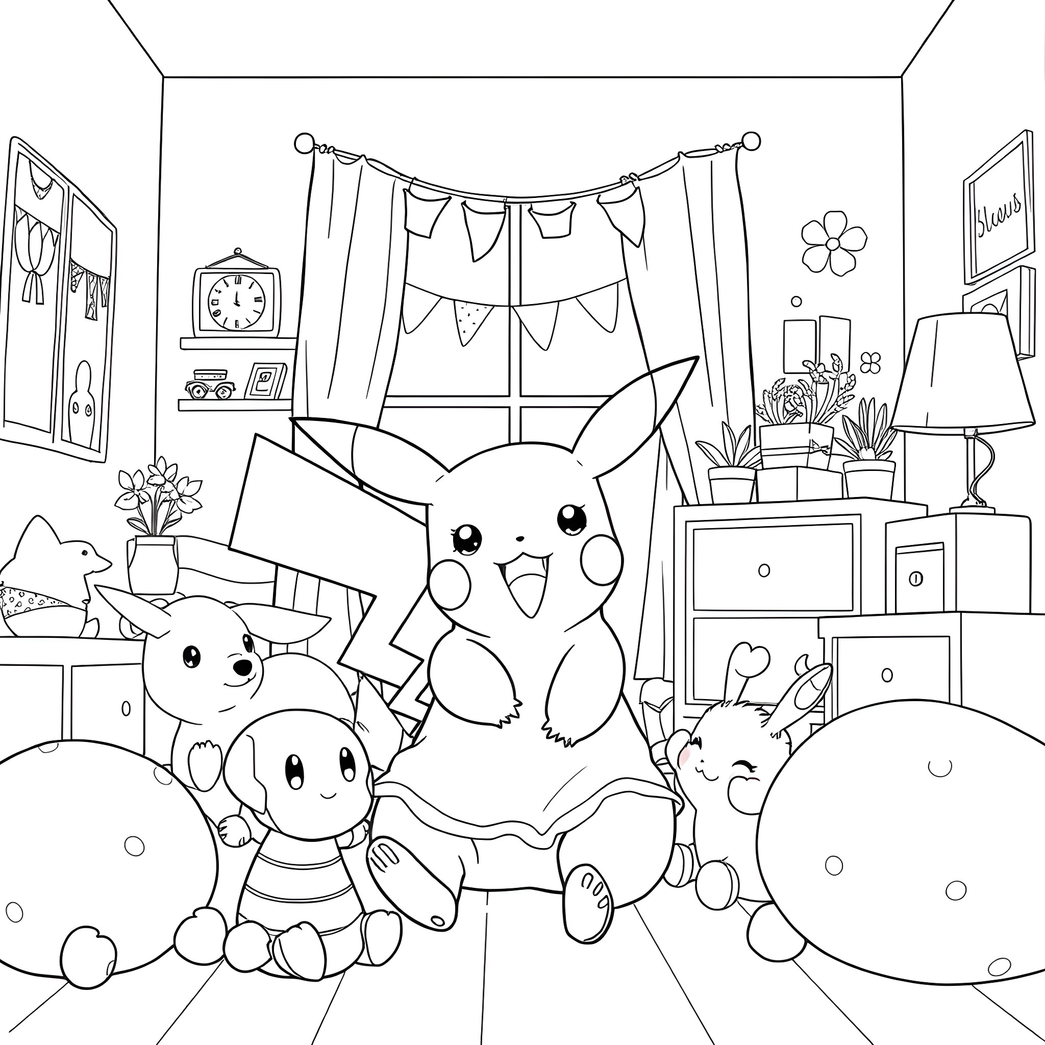Pikachu and friends enjoying a cozy bedroom Coloring Page (free black-and-white line drawing printable PDF for all, from beginners to advanced learners, including children, teens, adults, and seniors)