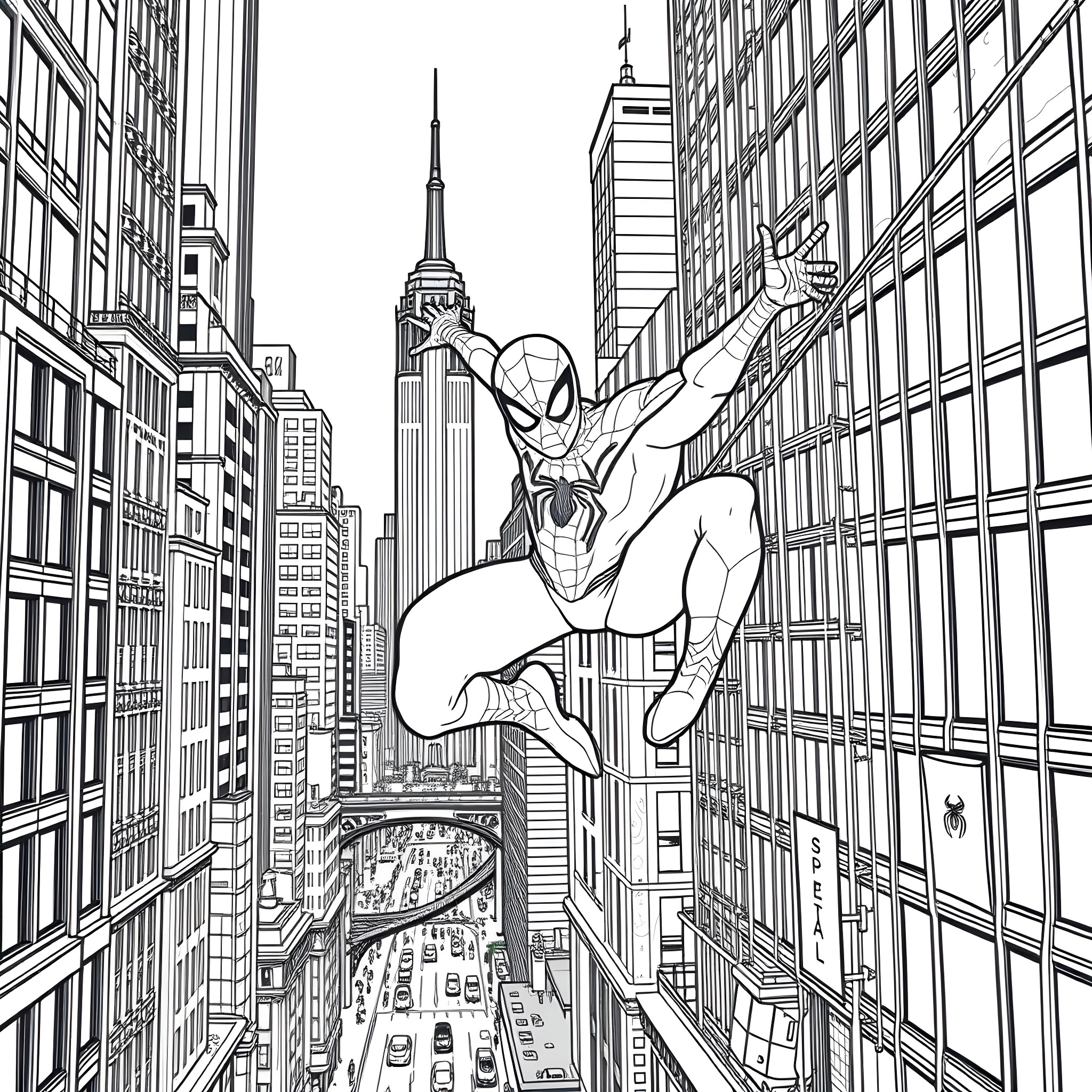 Spiderman swinging through the New York cityscape Coloring Page (free black-and-white line drawing printable PDF for all, from beginners to advanced learners, including children, teens, adults, and seniors)