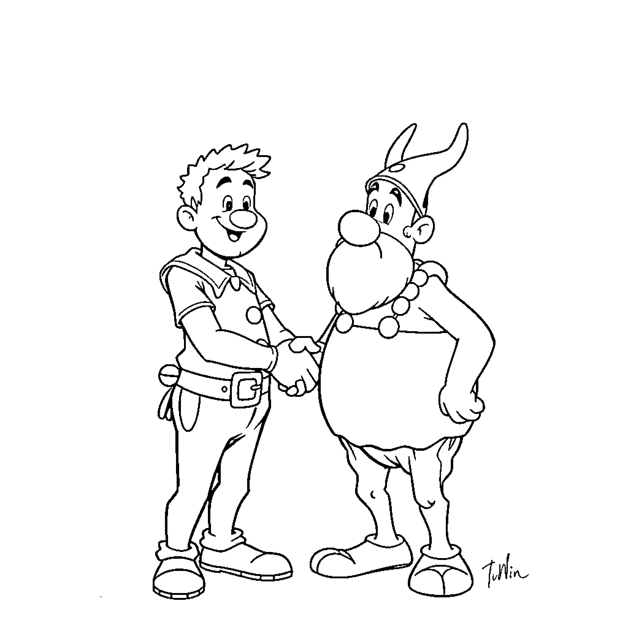 TinTin and Asterix shaking hands in friendly greeting Coloring Page (free black-and-white line drawing printable PDF for all, from beginners to advanced learners, including children, teens, adults, and seniors)