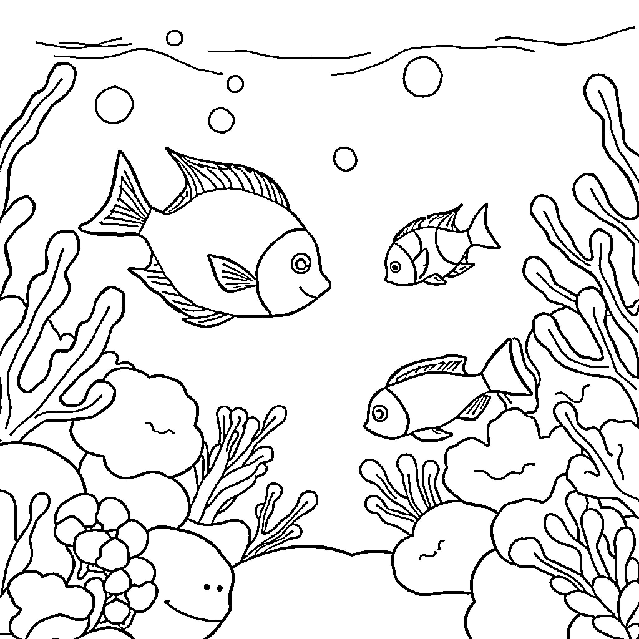 Sea creatures swimming amidst coral and bubbles Coloring Page (free black-and-white line drawing printable PDF for all, from beginners to advanced learners, including children, teens, adults, and seniors)