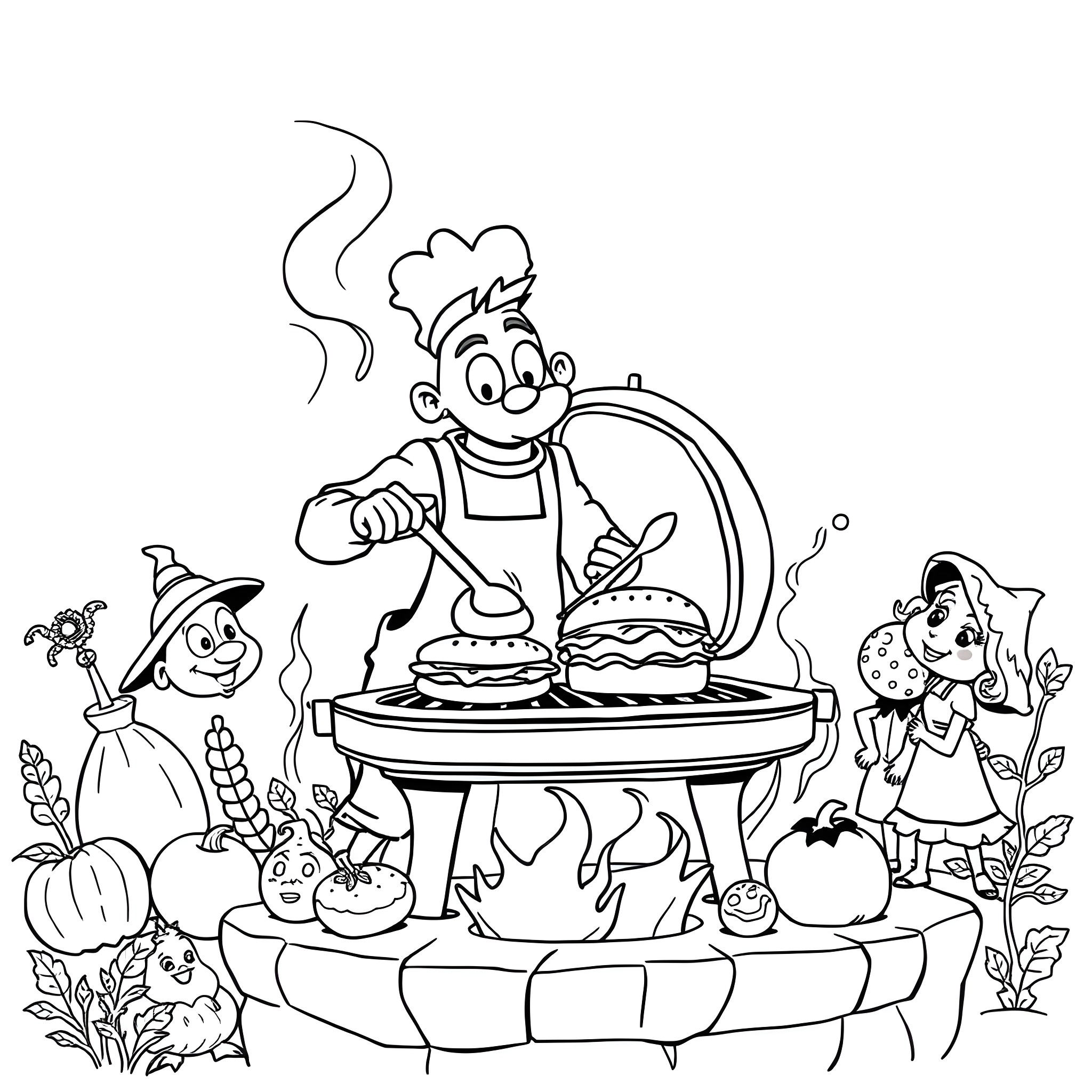 Beholder Chefs Prepare Delightful Culinary Delights Coloring Page (free black-and-white line drawing printable PDF for all, from beginners to advanced learners, including children, teens, adults, and seniors)