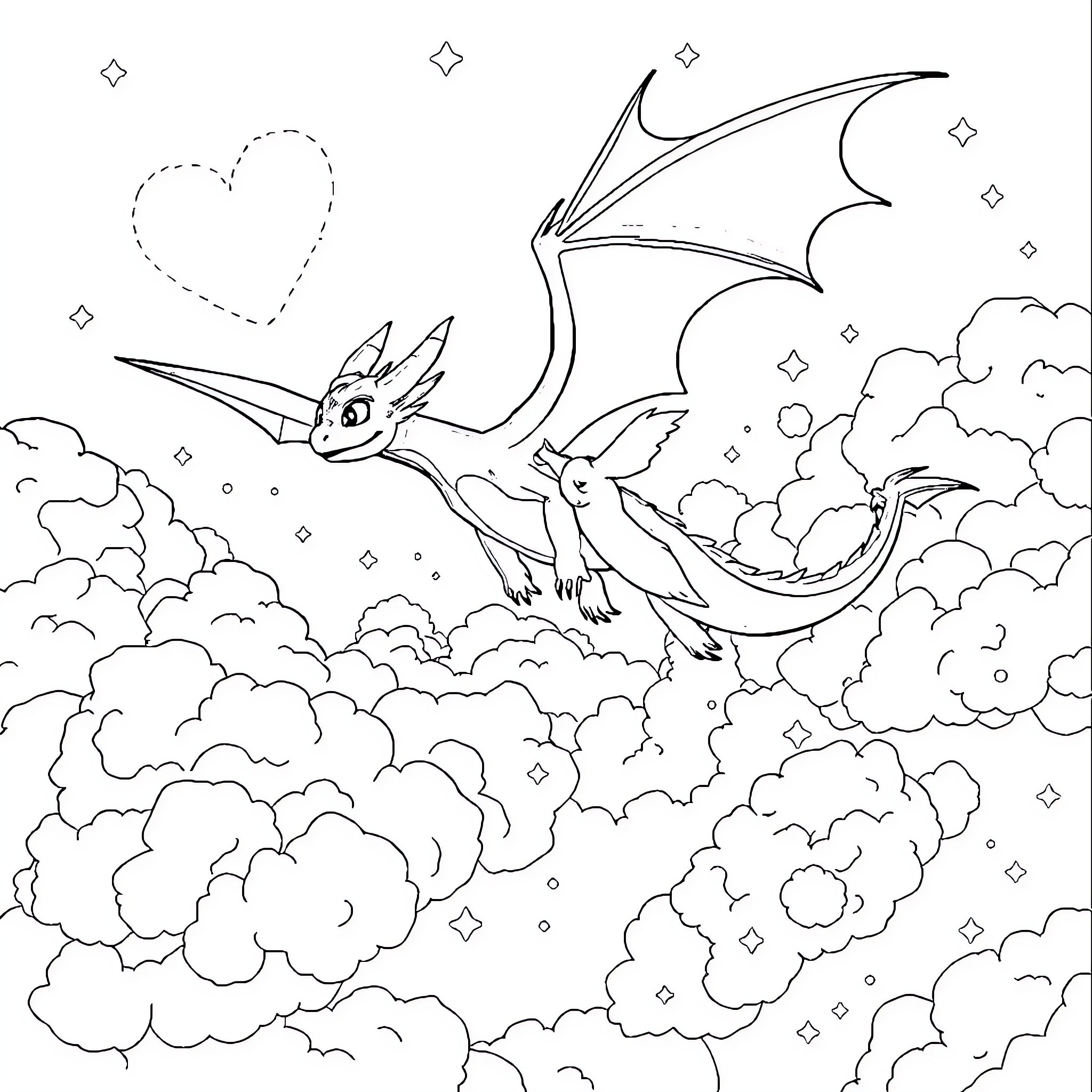 Dragon soaring through starry night sky Coloring Page (free black-and-white line drawing printable PDF for all, from beginners to advanced learners, including children, teens, adults, and seniors)