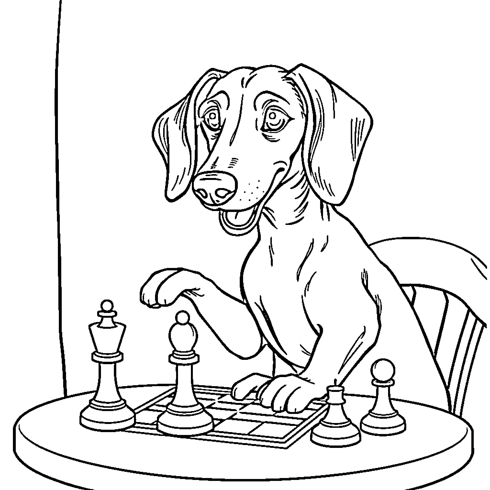Wiener Dog Playing Chess Coloring Page (free black-and-white line drawing printable PDF for all, from beginners to advanced learners, including children, teens, adults, and seniors)
