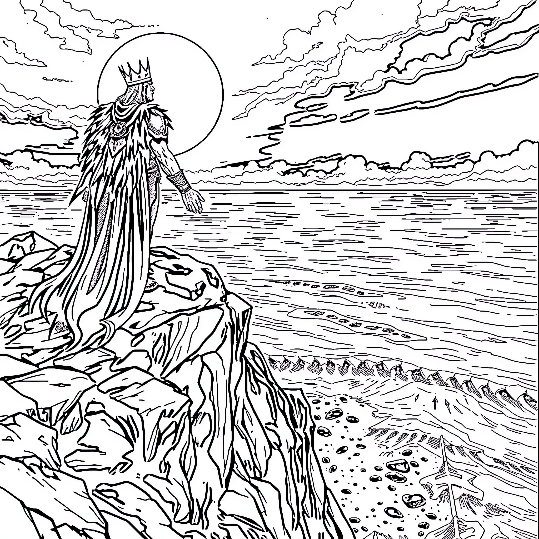 Crimson King overlooking the tempestuous sea Coloring Page (free black-and-white line drawing printable PDF for all, from beginners to advanced learners, including children, teens, adults, and seniors)