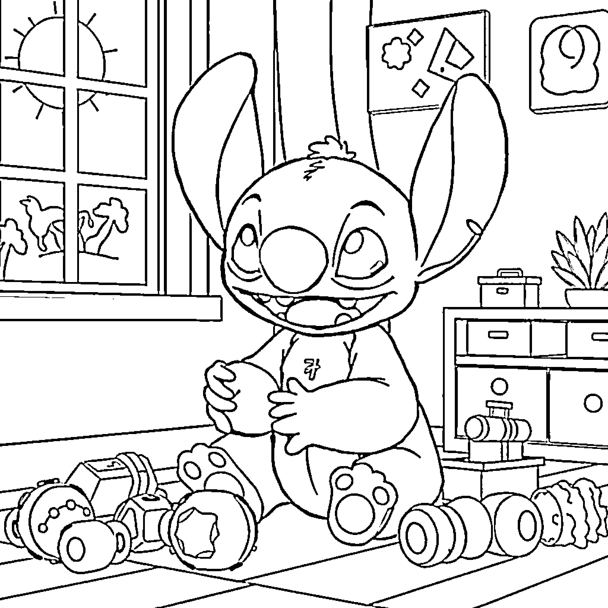 Stitch playing with toys in bedroom Coloring Page (free black-and-white line drawing printable PDF for all, from beginners to advanced learners, including children, teens, adults, and seniors)