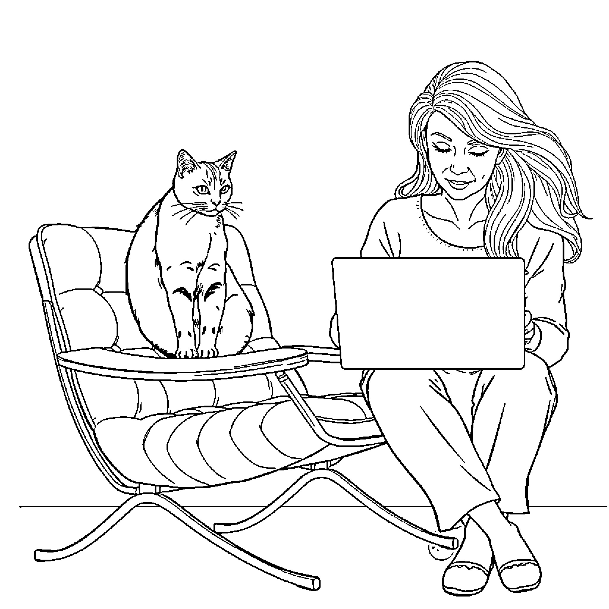 Cat and woman relax together with laptop Coloring Page (free black-and-white line drawing printable PDF for all, from beginners to advanced learners, including children, teens, adults, and seniors)