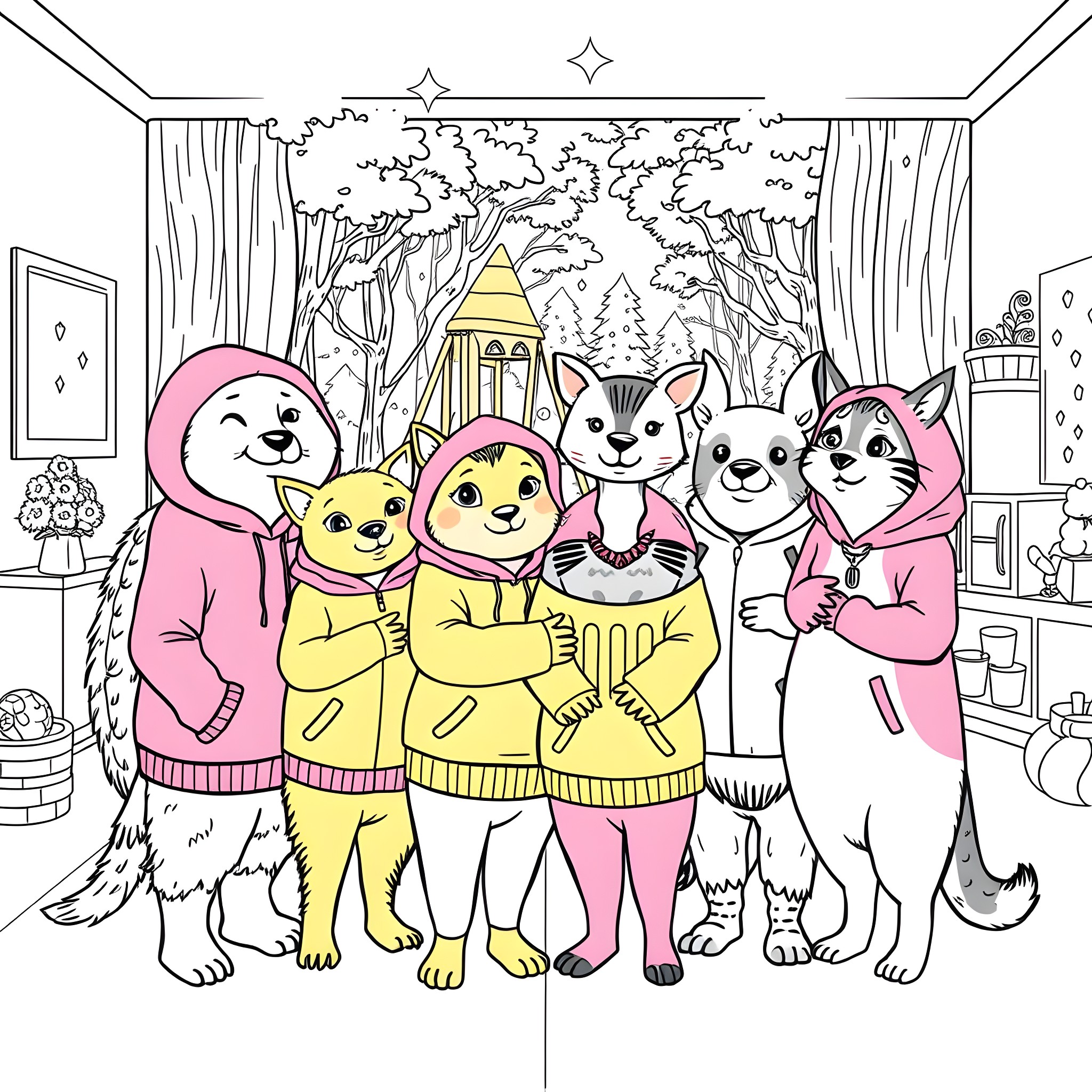 Animal friends wearing cozy outfits in winter wonderland Coloring Page (free black-and-white line drawing printable PDF for all, from beginners to advanced learners, including children, teens, adults, and seniors)