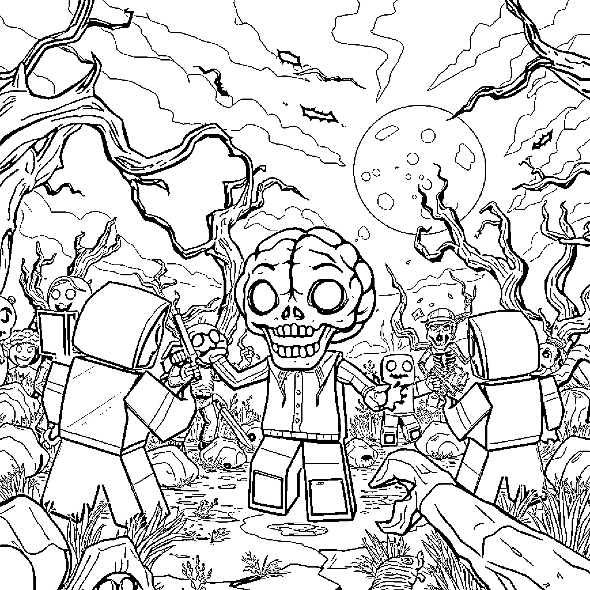 Spooky Grande Skeleton Dance Under Haunting Moon Coloring Page (free black-and-white line drawing printable PDF for all, from beginners to advanced learners, including children, teens, adults, and seniors)