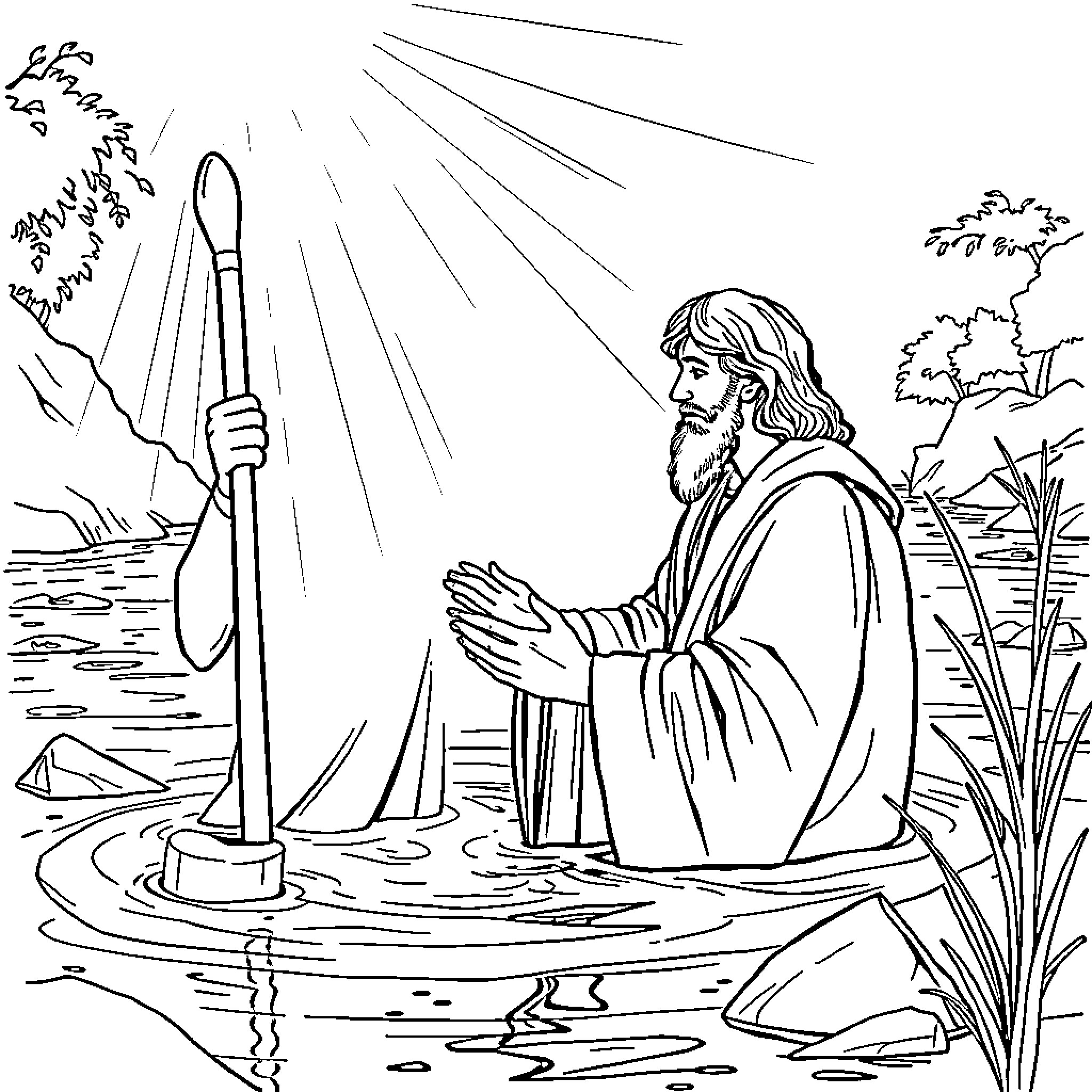 John the Baptist preaching in the wilderness Coloring Page (free black-and-white line drawing printable PDF for all, from beginners to advanced learners, including children, teens, adults, and seniors)