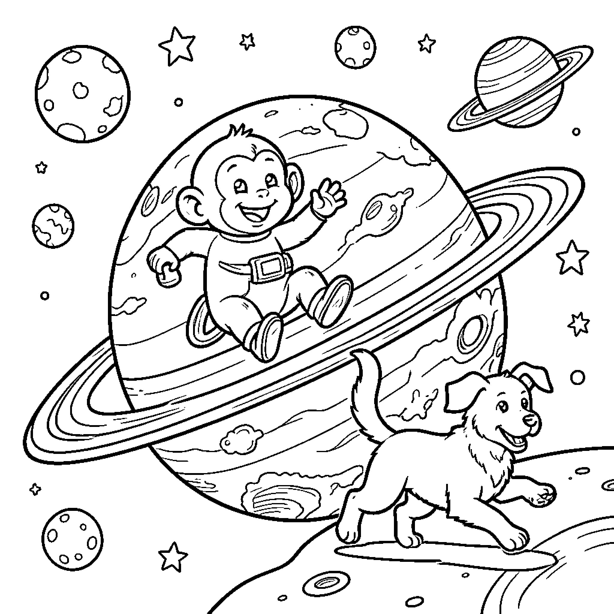 Mono Astronaut and Puppy Explore Outer Space Coloring Page (free black-and-white line drawing printable PDF for all, from beginners to advanced learners, including children, teens, adults, and seniors)