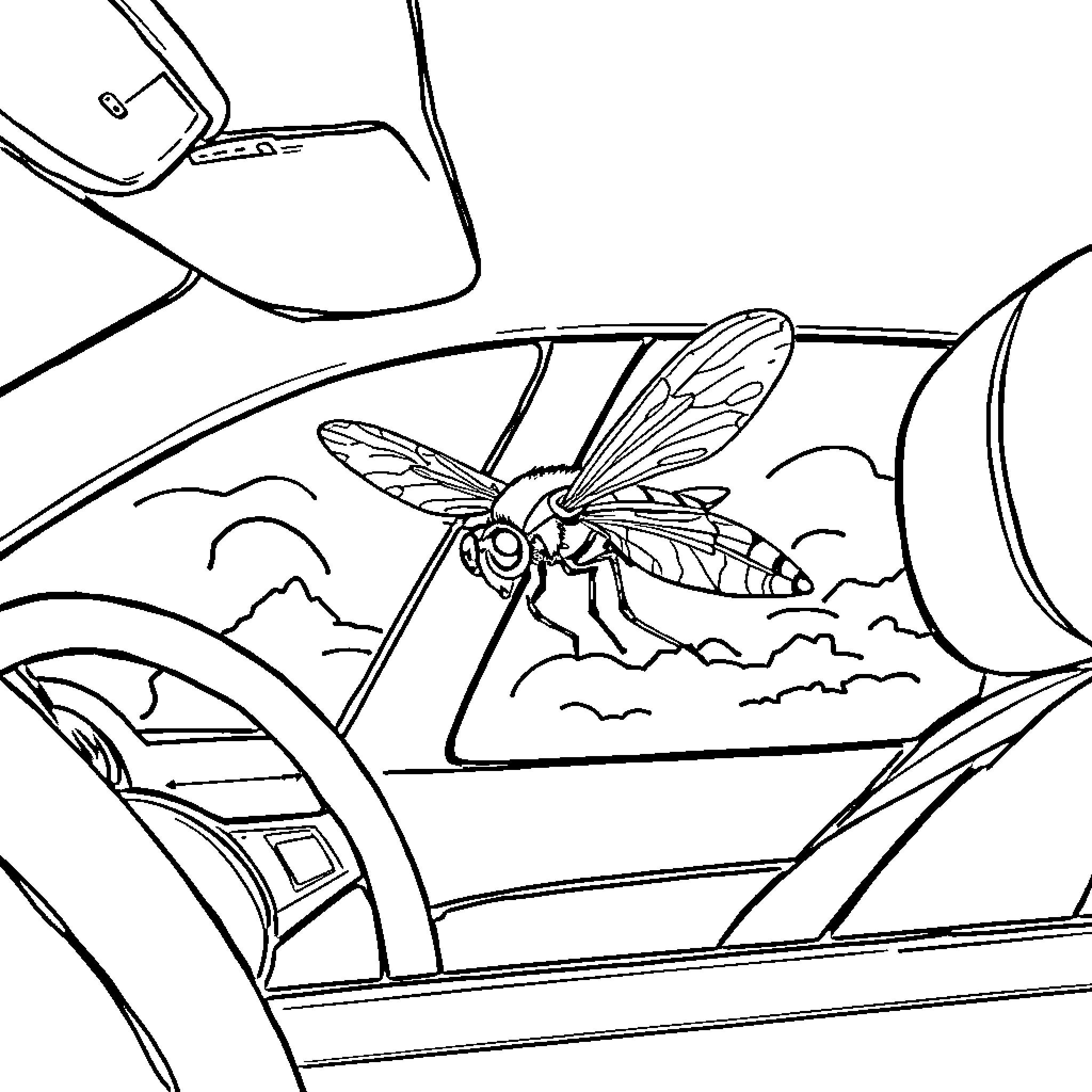 Fly through the Windshield Landscape Coloring Page (free black-and-white line drawing printable PDF for all, from beginners to advanced learners, including children, teens, adults, and seniors)