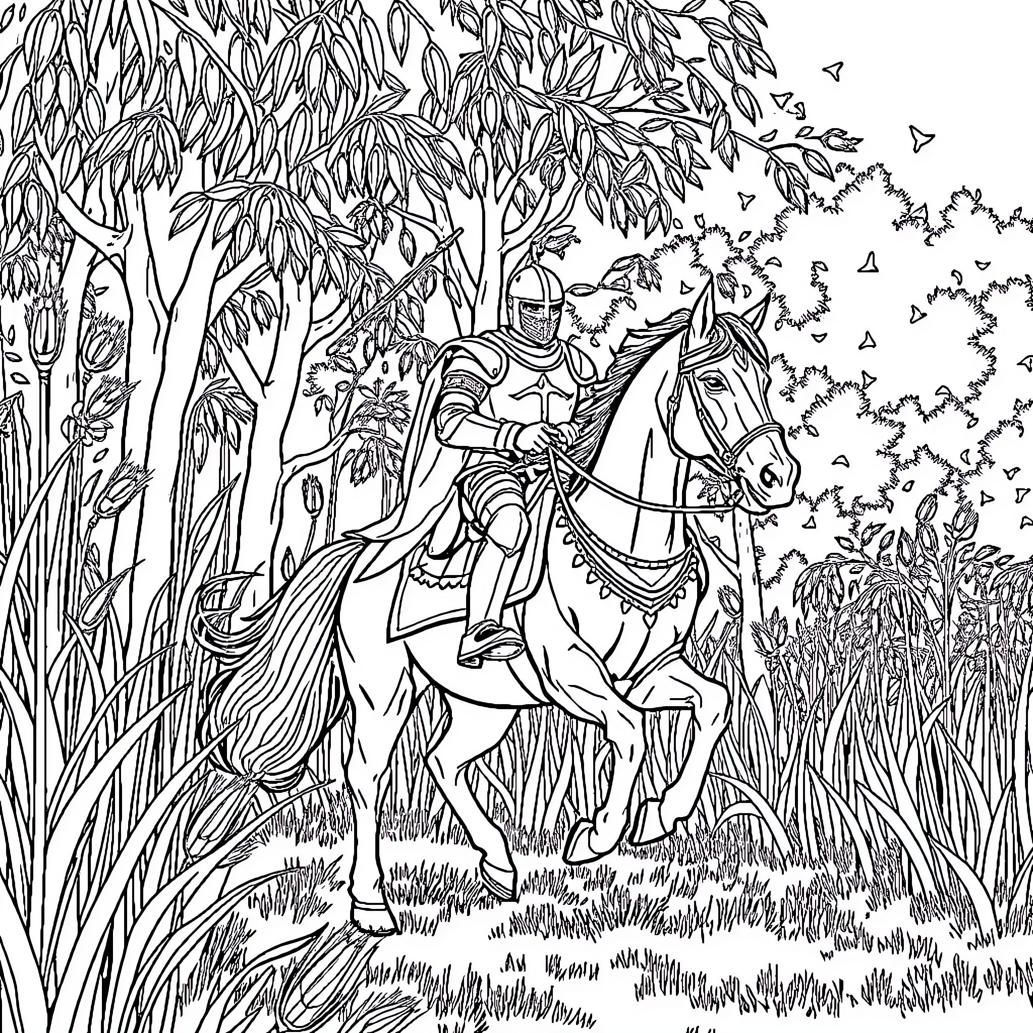 Knight riding his noble steed through the verdant forest Coloring Page (free black-and-white line drawing printable PDF for all, from beginners to advanced learners, including children, teens, adults, and seniors)