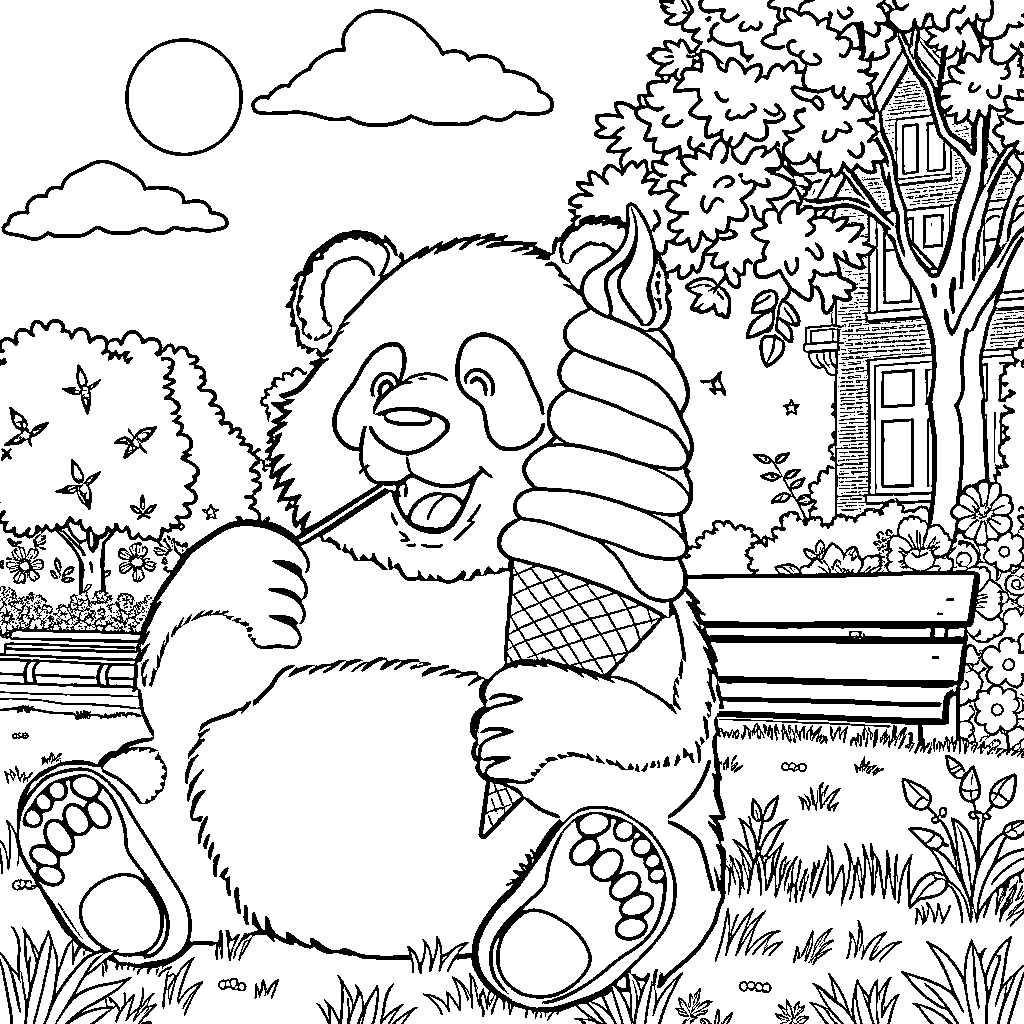 Panda Enjoying an Ice Cream Treat in the Park Coloring Page (free black-and-white line drawing printable PDF for all, from beginners to advanced learners, including children, teens, adults, and seniors)