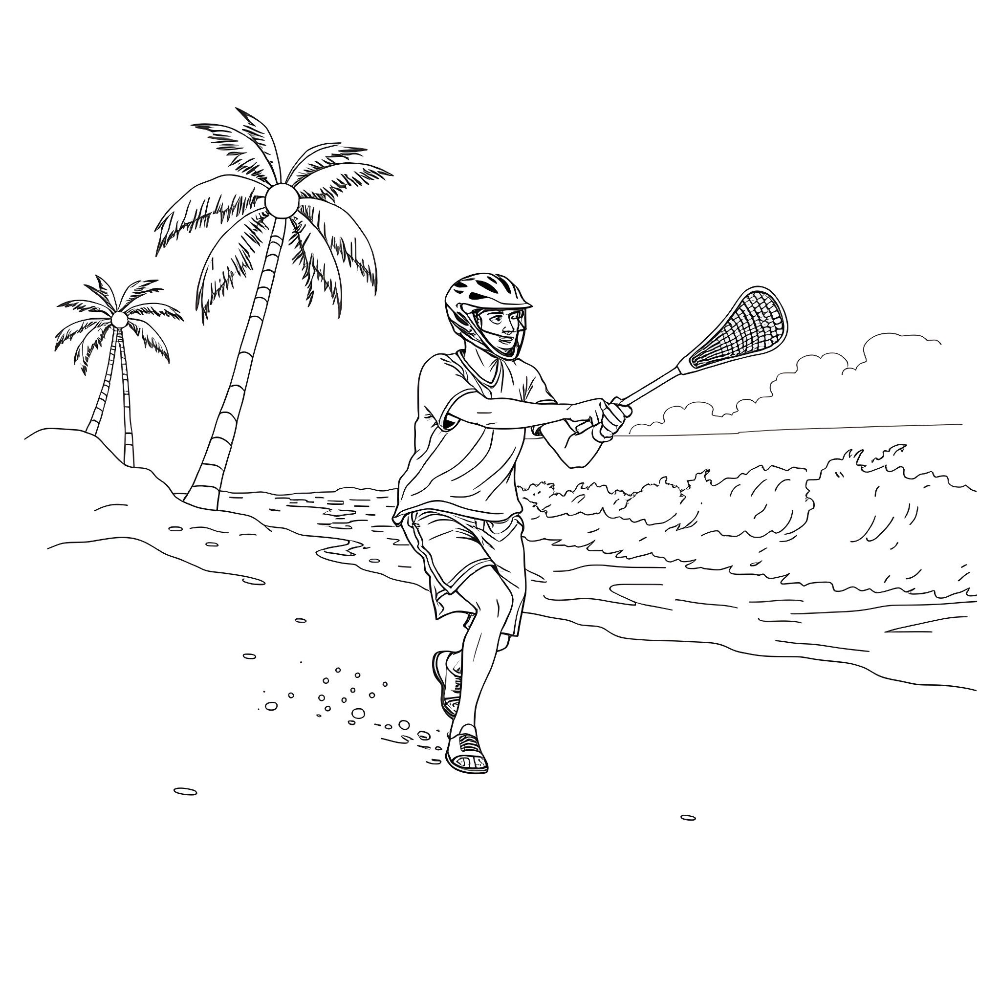 Lacrosse Player Running on the Beach Coloring Page (free black-and-white line drawing printable PDF for all, from beginners to advanced learners, including children, teens, adults, and seniors)