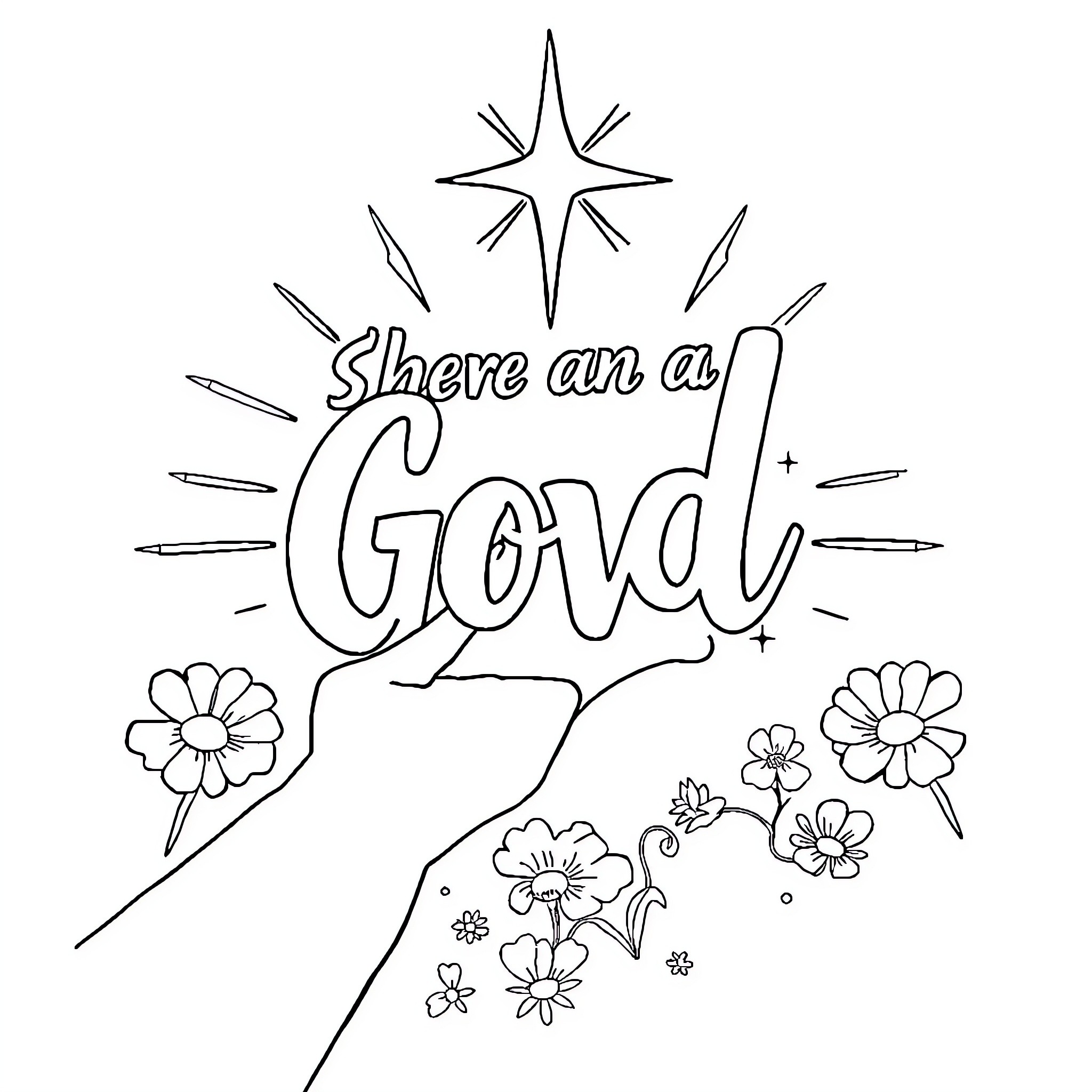 God's Shining Presence with Flowers Coloring Page (free black-and-white line drawing printable PDF for all, from beginners to advanced learners, including children, teens, adults, and seniors)