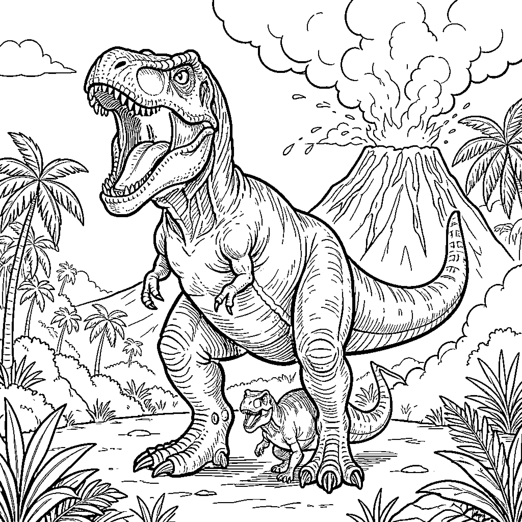 T-Rex Roaring Fiercely in Prehistoric Landscape Coloring Page (free black-and-white line drawing printable PDF for all, from beginners to advanced learners, including children, teens, adults, and seniors)