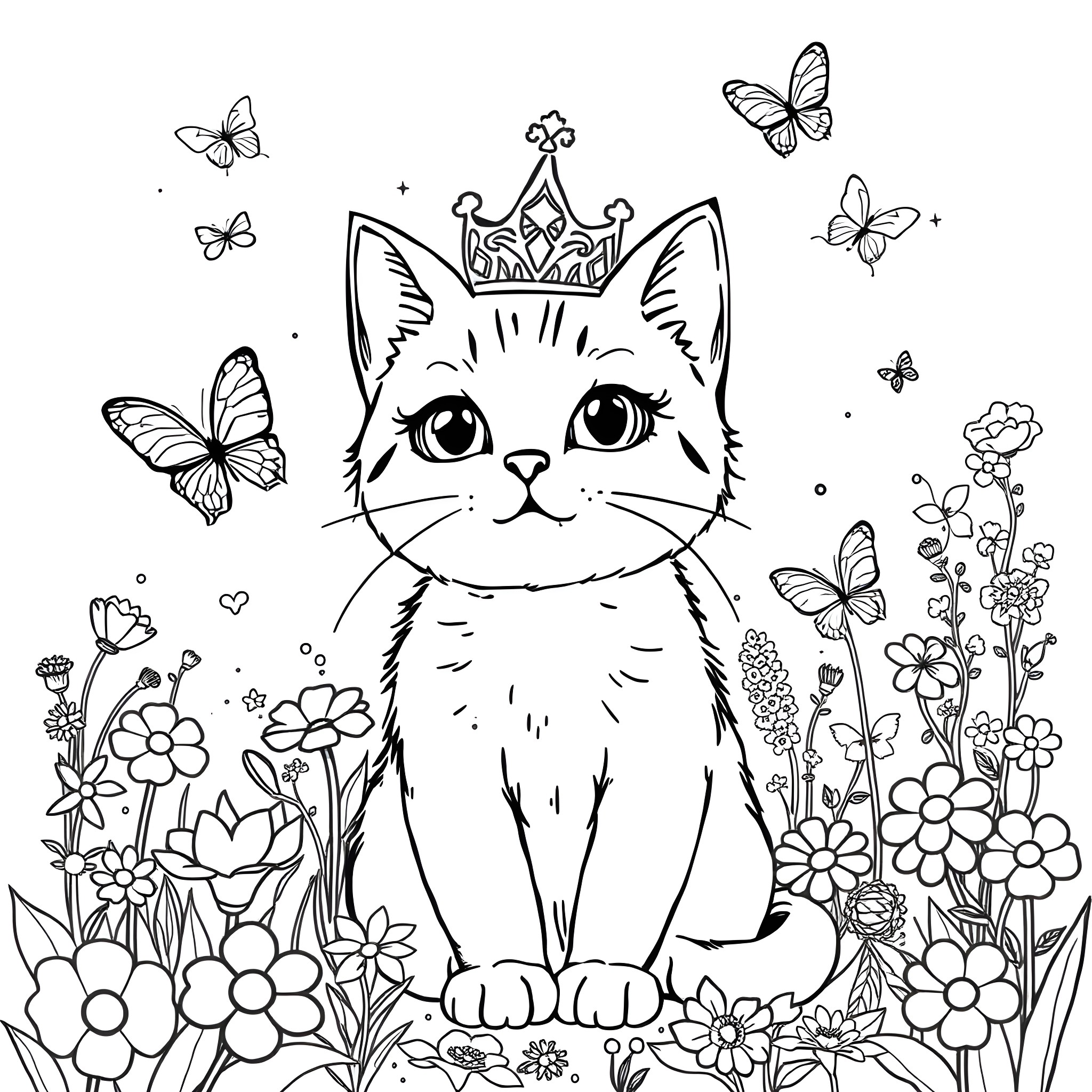 Cat with a crown surrounded by butterflies and flowers Coloring Page (free black-and-white line drawing printable PDF for all, from beginners to advanced learners, including children, teens, adults, and seniors)
